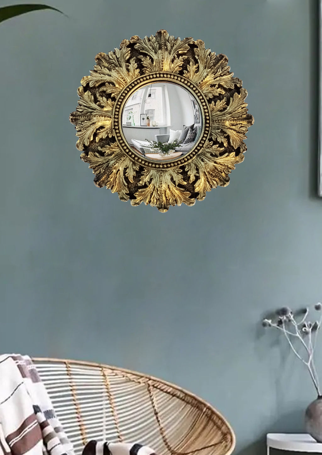 Black & Gold Acanthus Witch's Eye Convex Mirror — Handcrafted Mystical Wall Decor