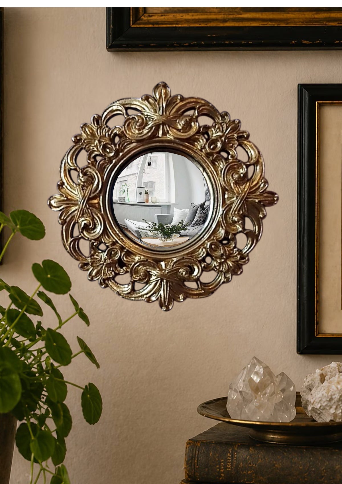 Golden Baroque Witch's Eye Convex Mirror — Handcrafted Antique Wall Decor