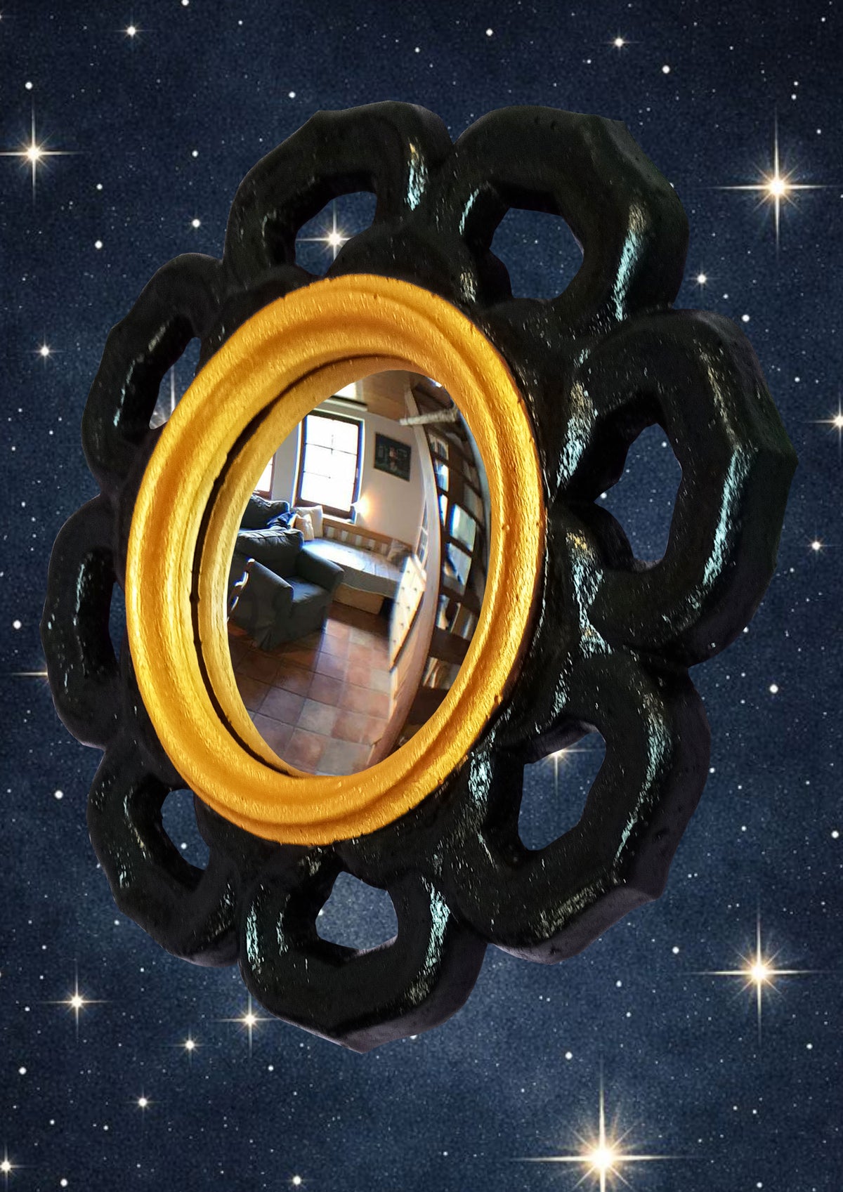 Black & Gold Witch Eye Mirror — Handcrafted Gothic Flower Wall Decor
