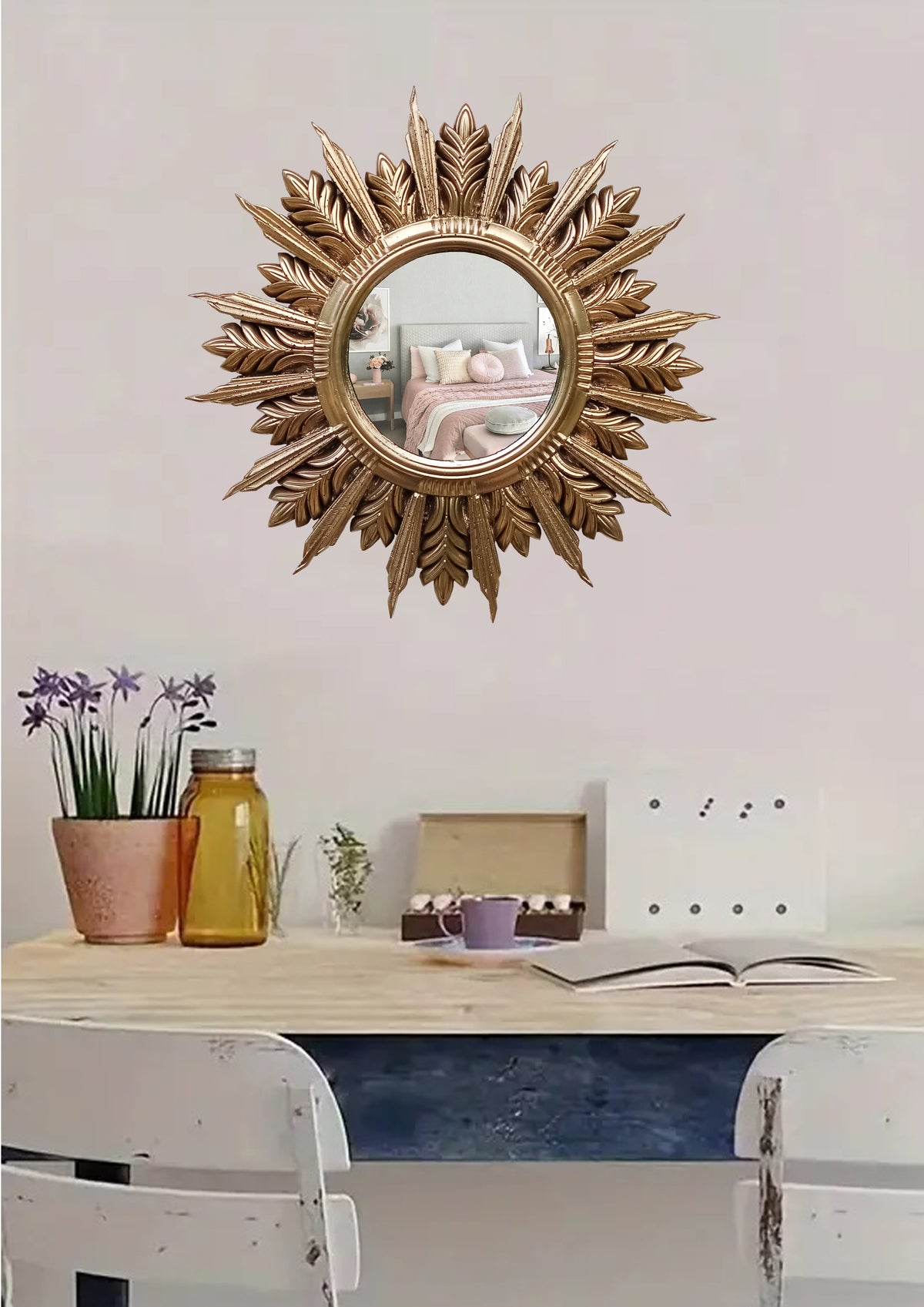 Handmade Sunburst Mirror — Gold Patina, 27×27 cm