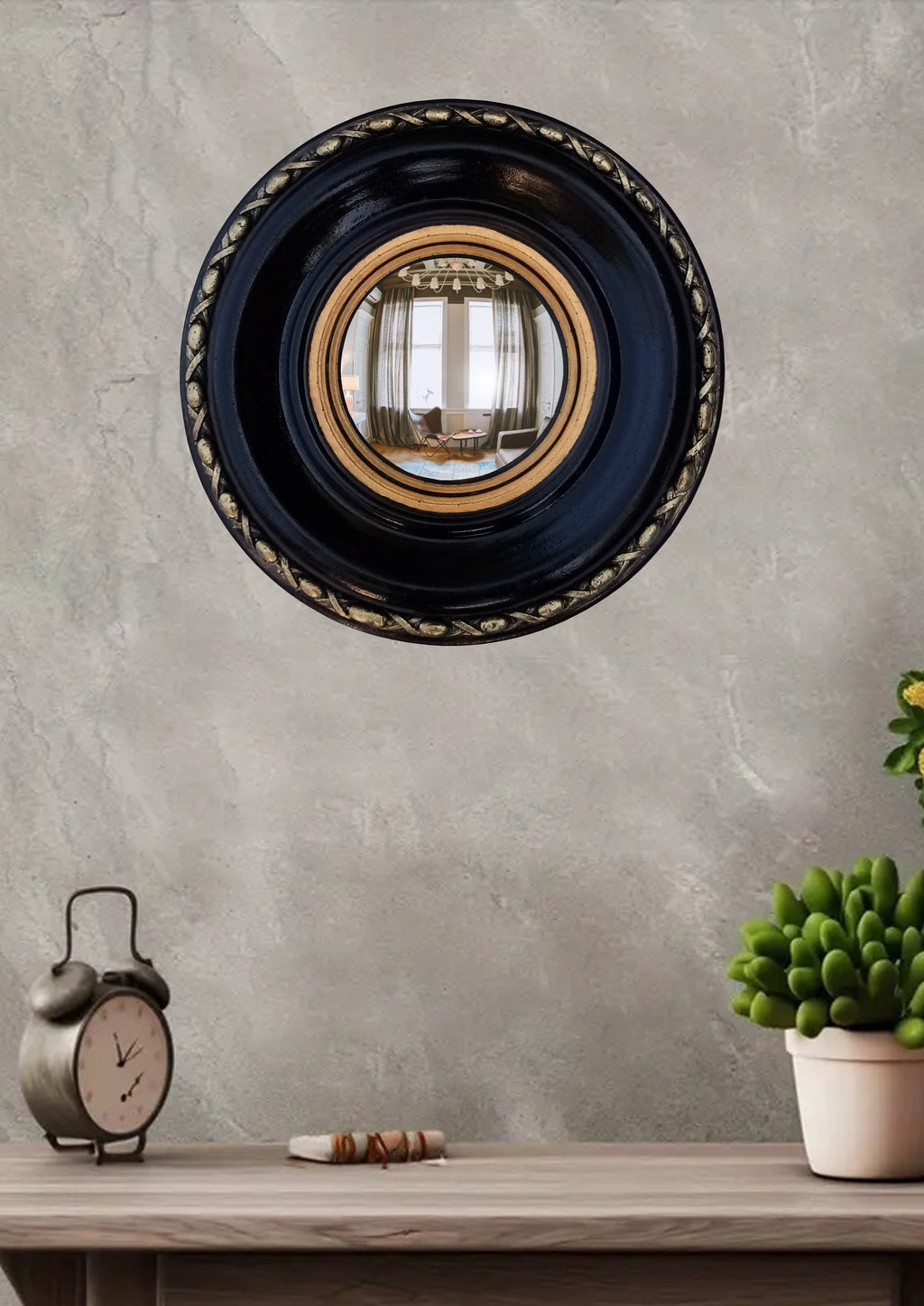 Black & Gold Regency Witch Eye Convex Mirror — Handcrafted Gothic Wall Decor
