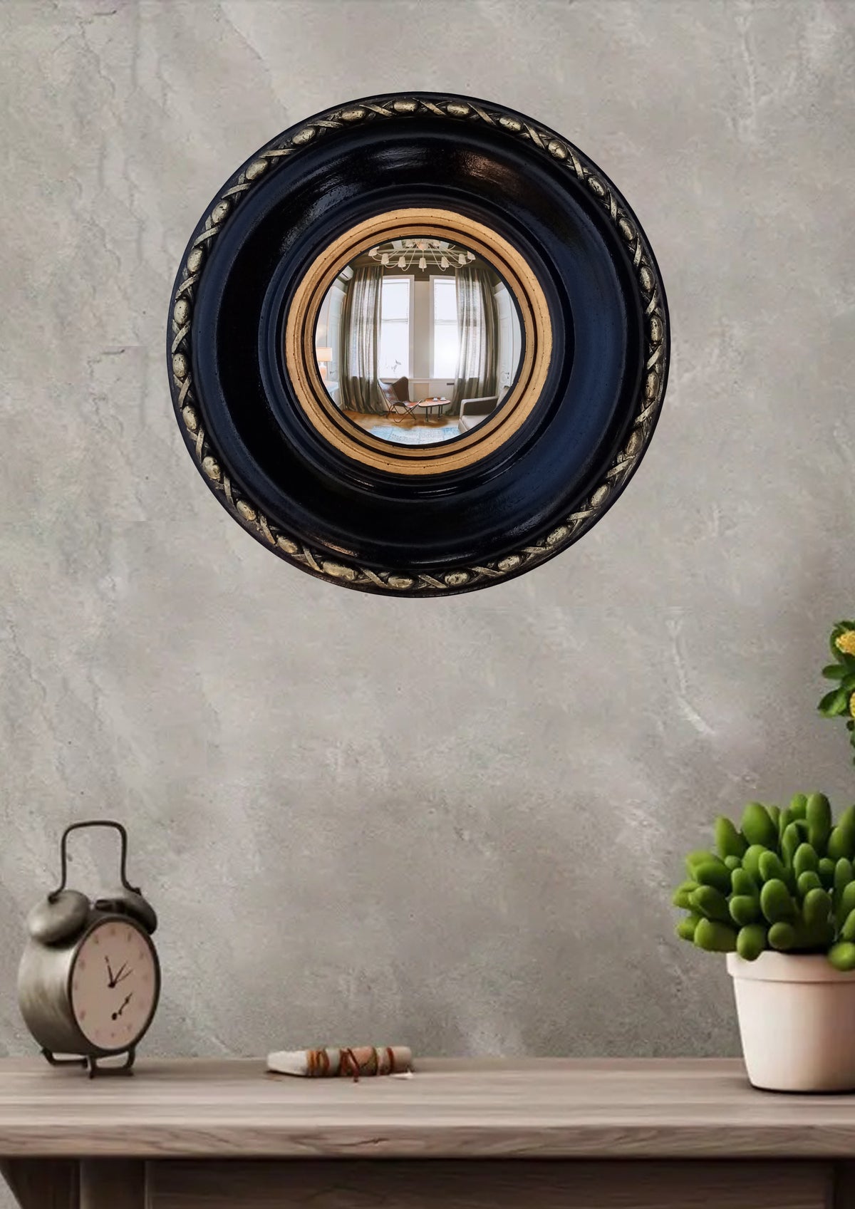 Black & Gold Regency Witch Eye Convex Mirror — Handcrafted Gothic Wall Decor