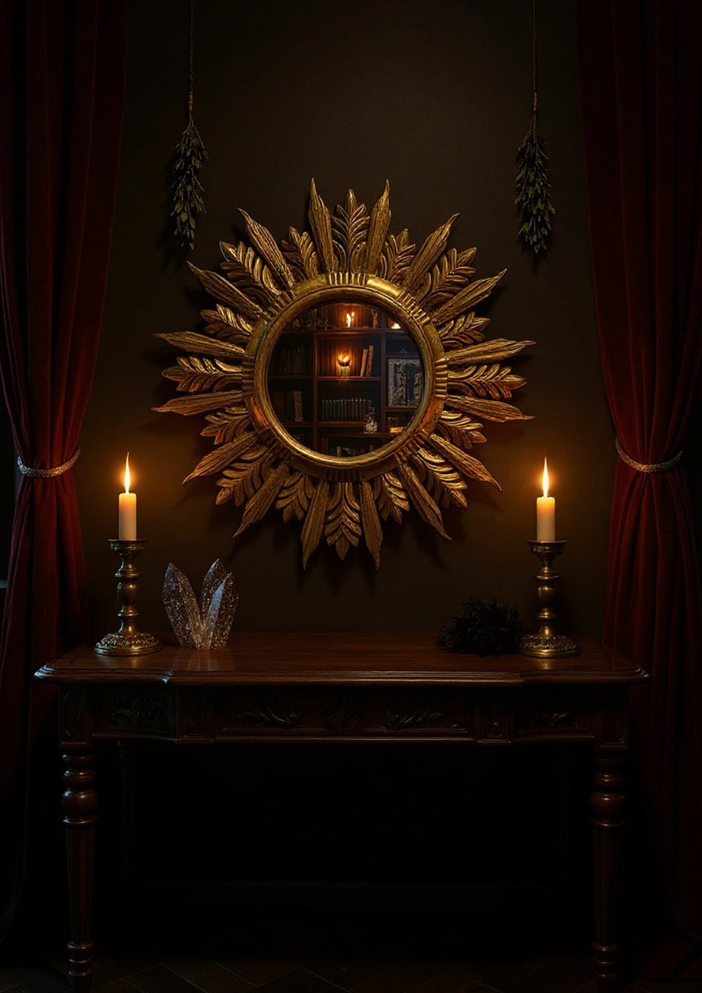 Handmade Sunburst Mirror — Antique Bronze, 27×27 cm