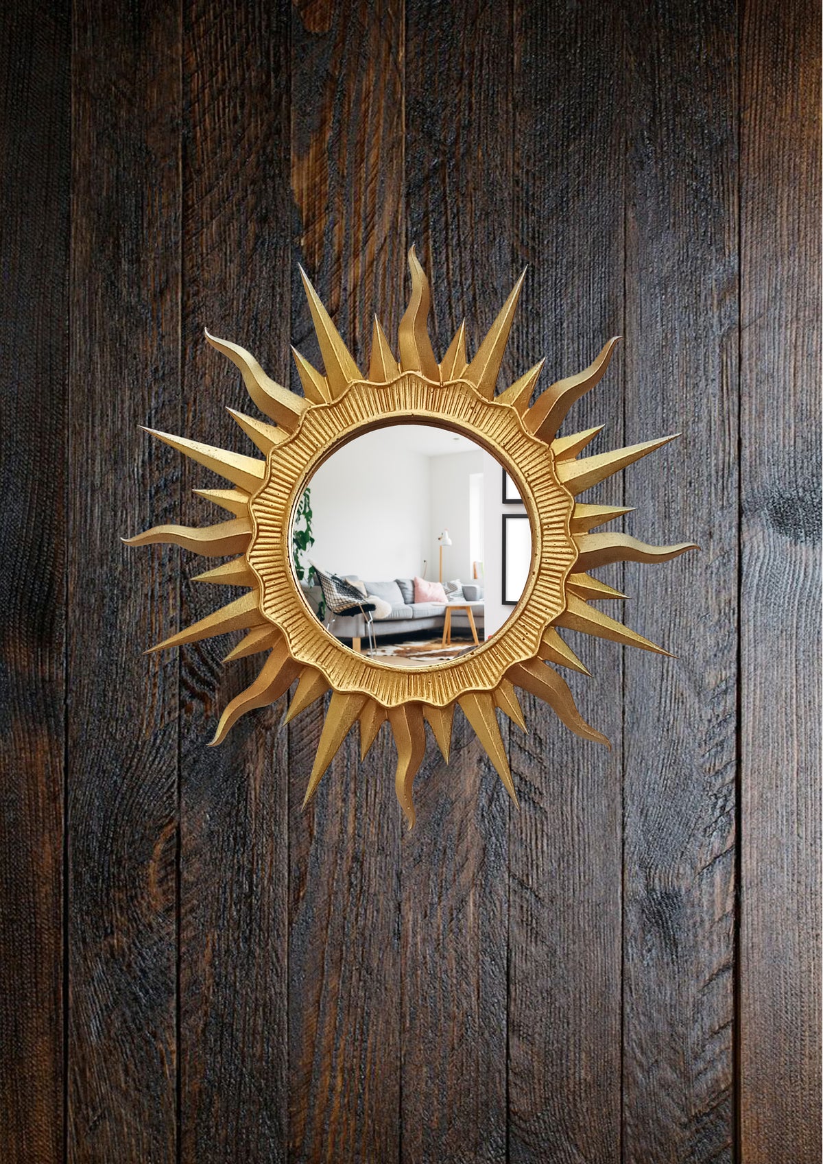 Handmade Gold Sunburst Mirror — Gold Patina Wall Decor 24.5 cm
