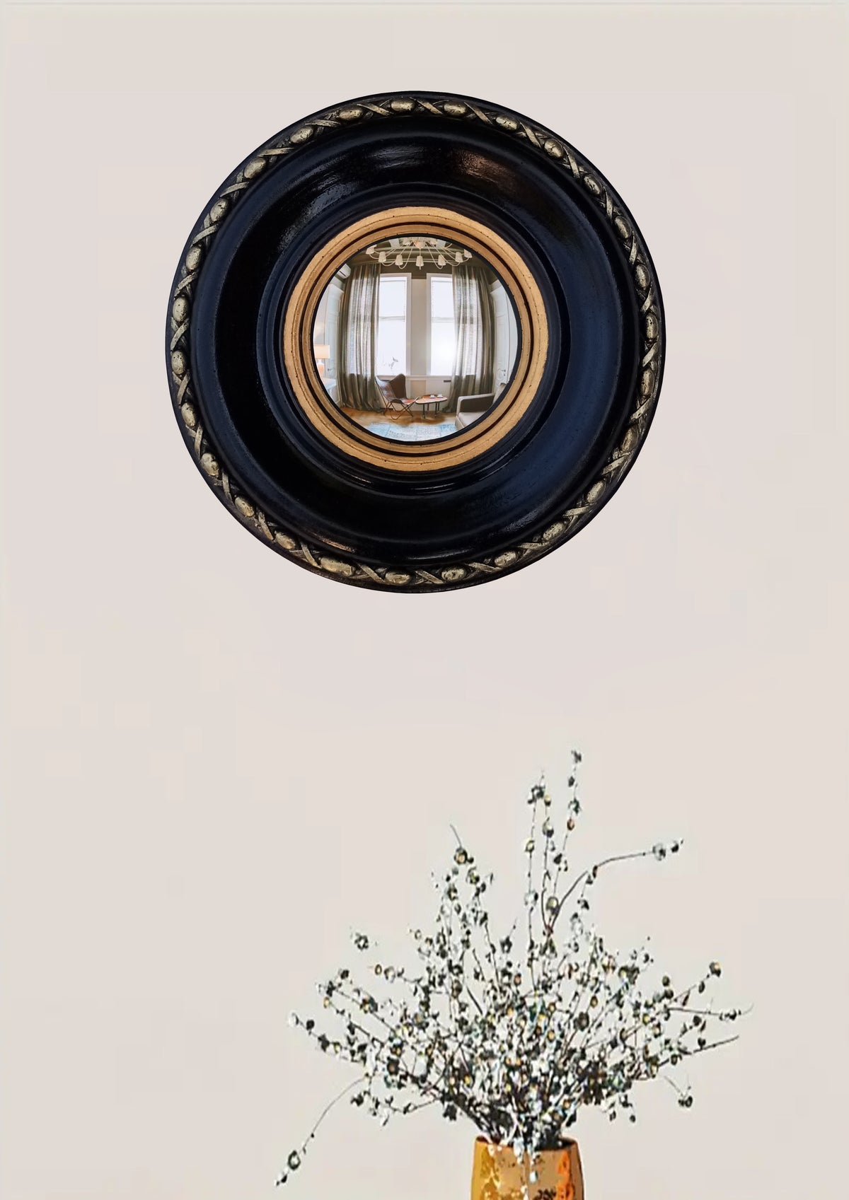 Black & Gold Regency Witch Eye Convex Mirror — Handcrafted Gothic Wall Decor