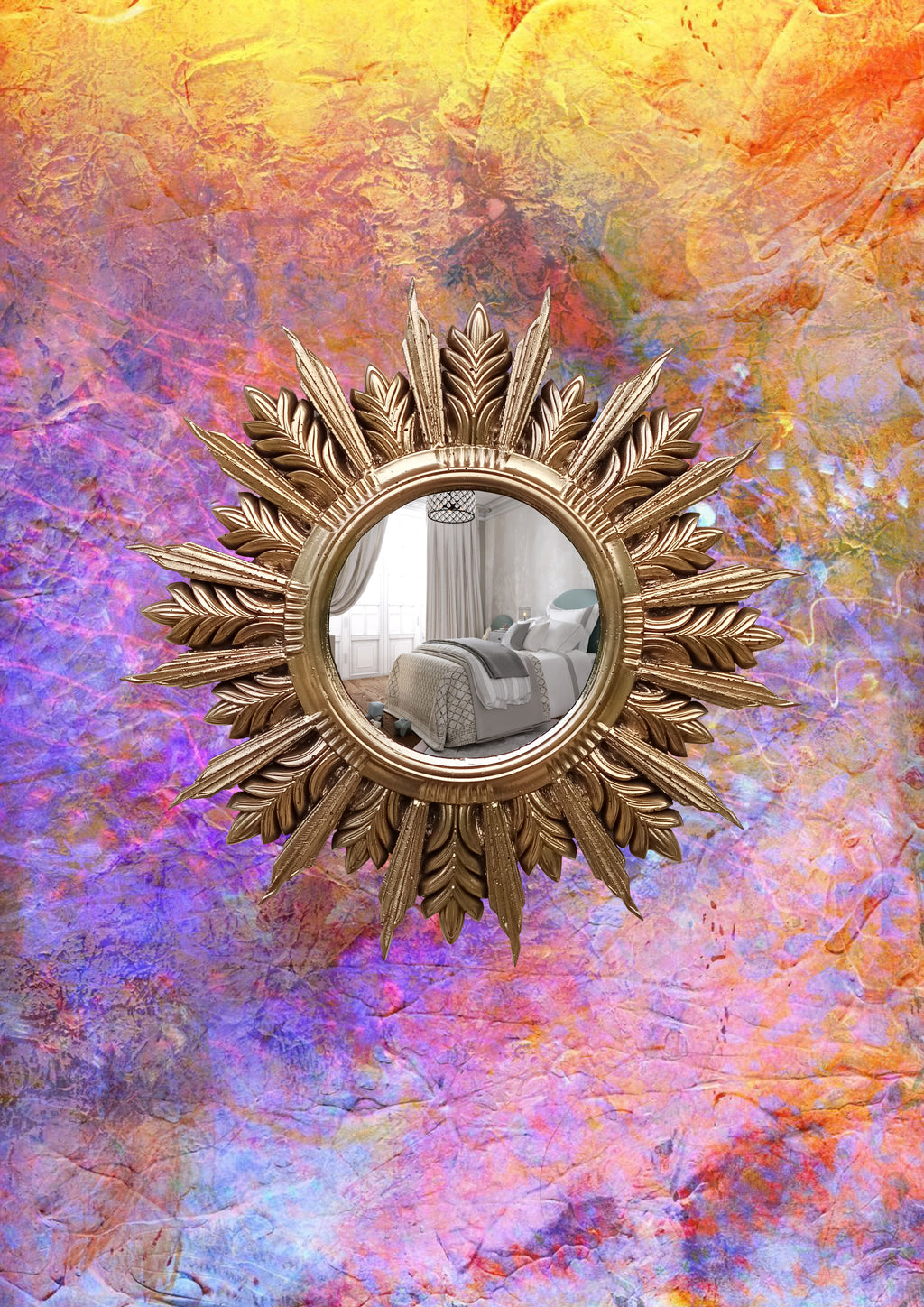 Handmade Sunburst Mirror — Gold Patina, 27×27 cm