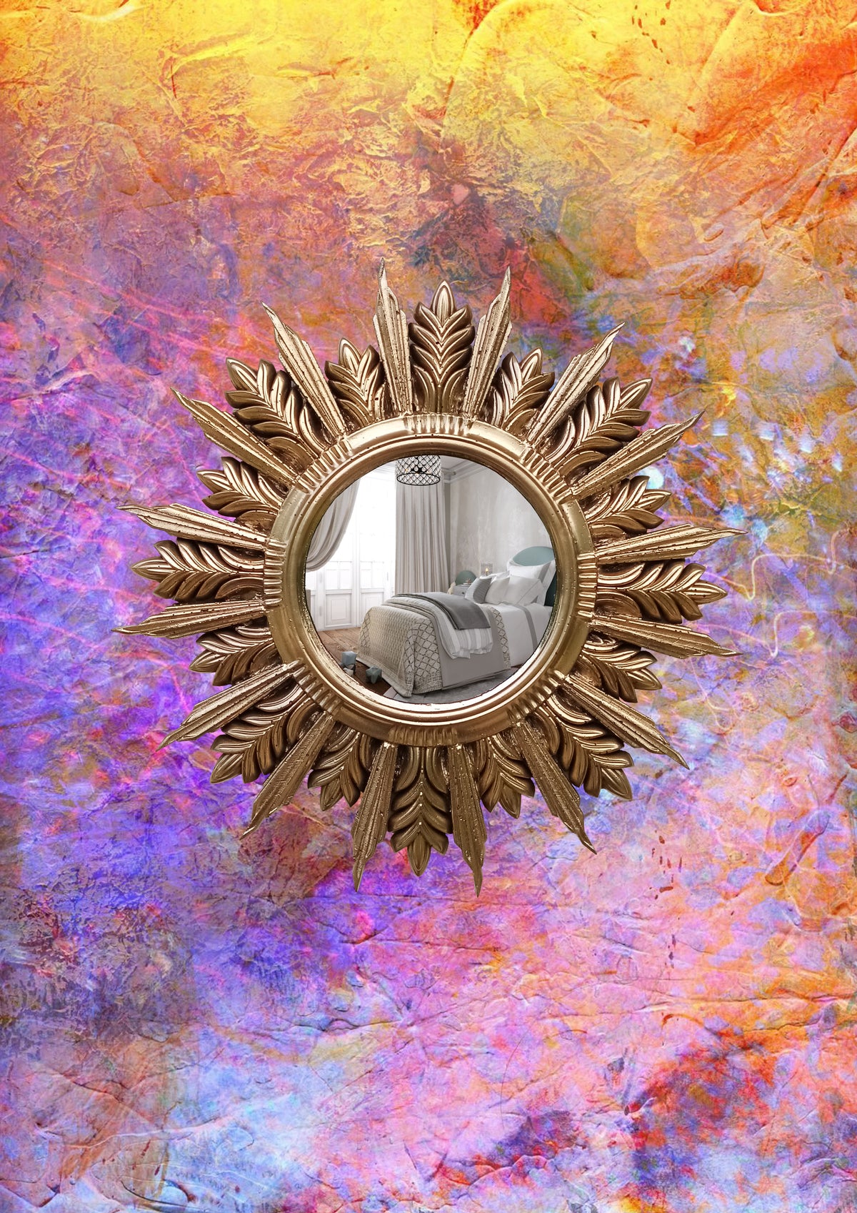 Handmade Sunburst Mirror — Gold Patina, 27×27 cm
