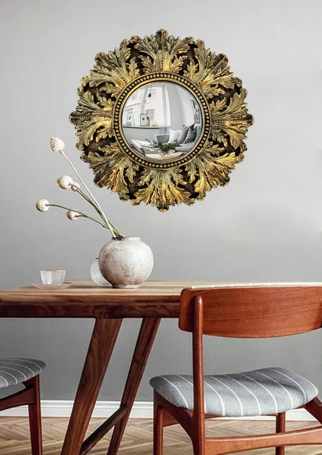 Black & Gold Acanthus Witch's Eye Convex Mirror — Handcrafted Mystical Wall Decor