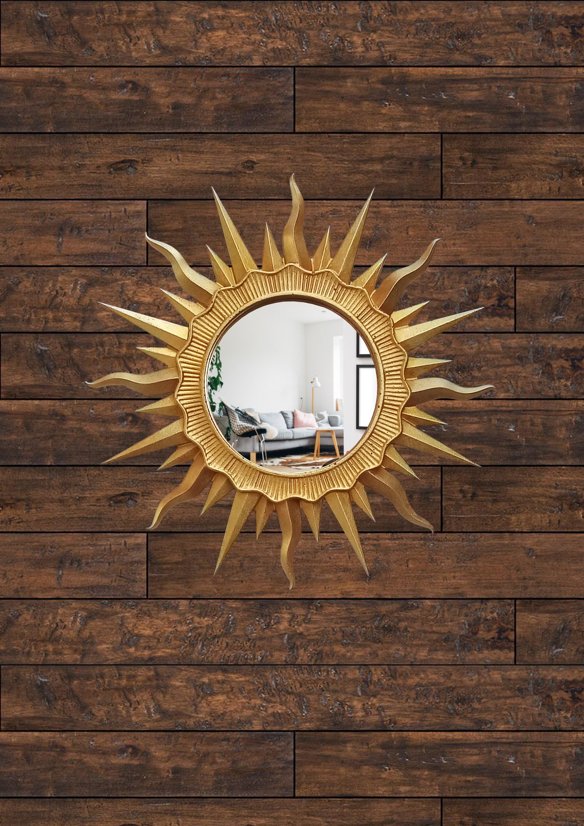 Handmade gold patina sunburst wall mirror on wood wall, 24.5 cm
