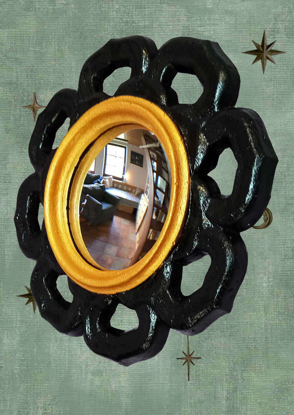 Black & Gold Witch Eye Mirror — Handcrafted Gothic Flower Wall Decor