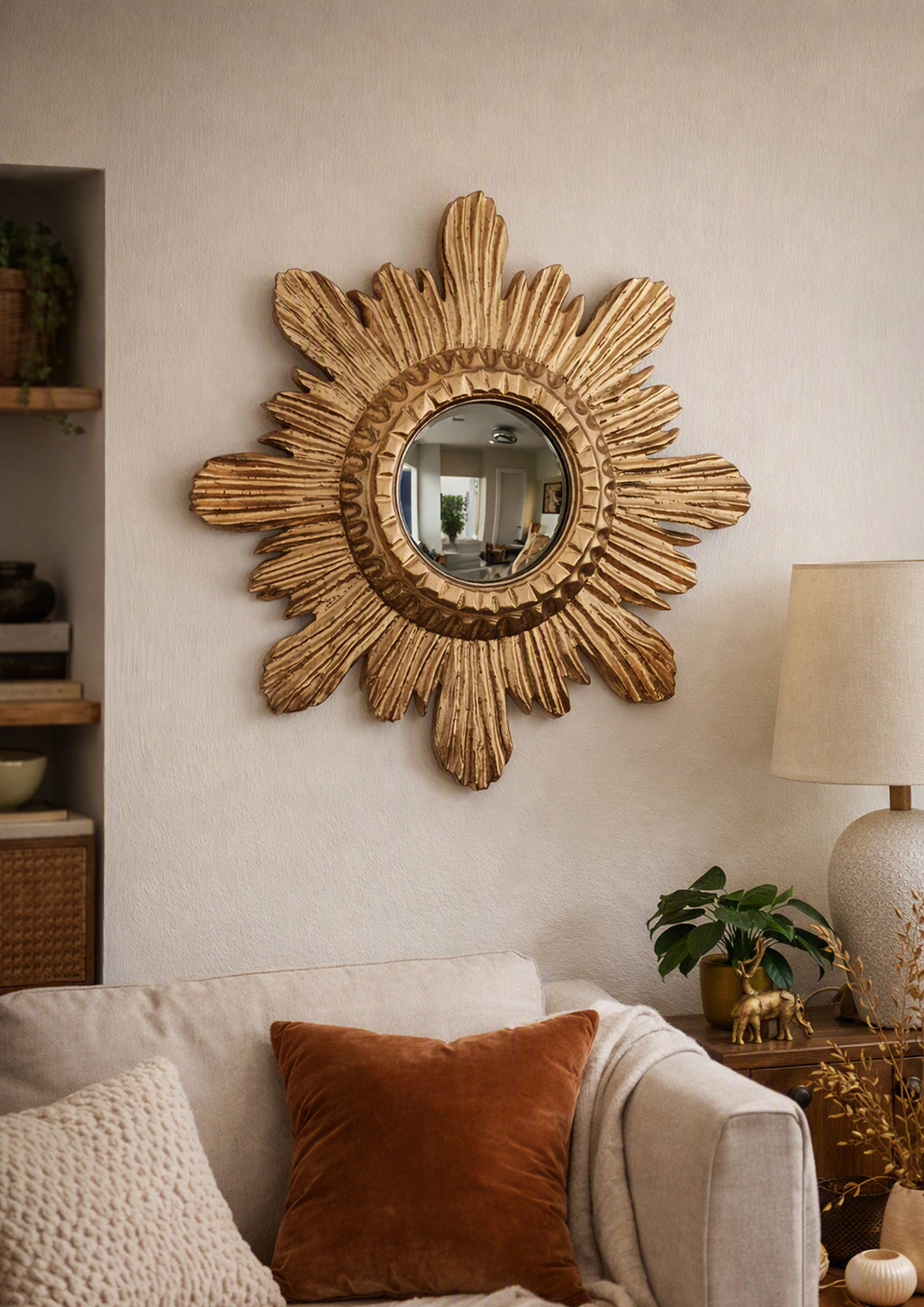 Antique Gold Sunburst Witch's Eye Mirror — Handcrafted Mystical Wall Decor