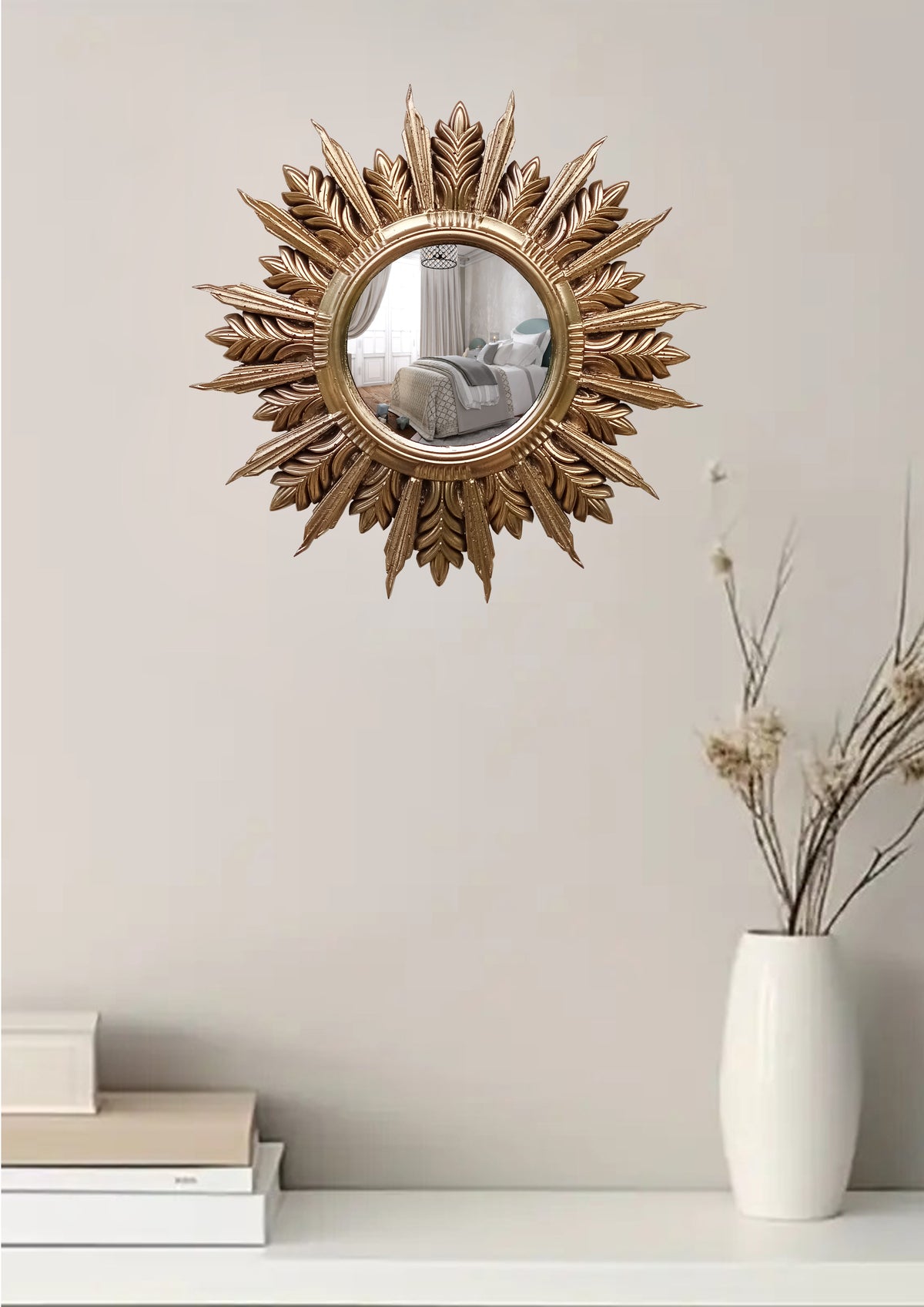 Handmade Sunburst Mirror — Gold Patina, 27×27 cm