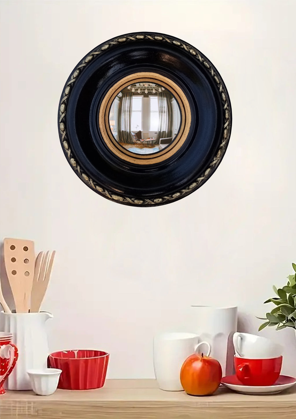 Black & Gold Regency Witch Eye Convex Mirror — Handcrafted Gothic Wall Decor