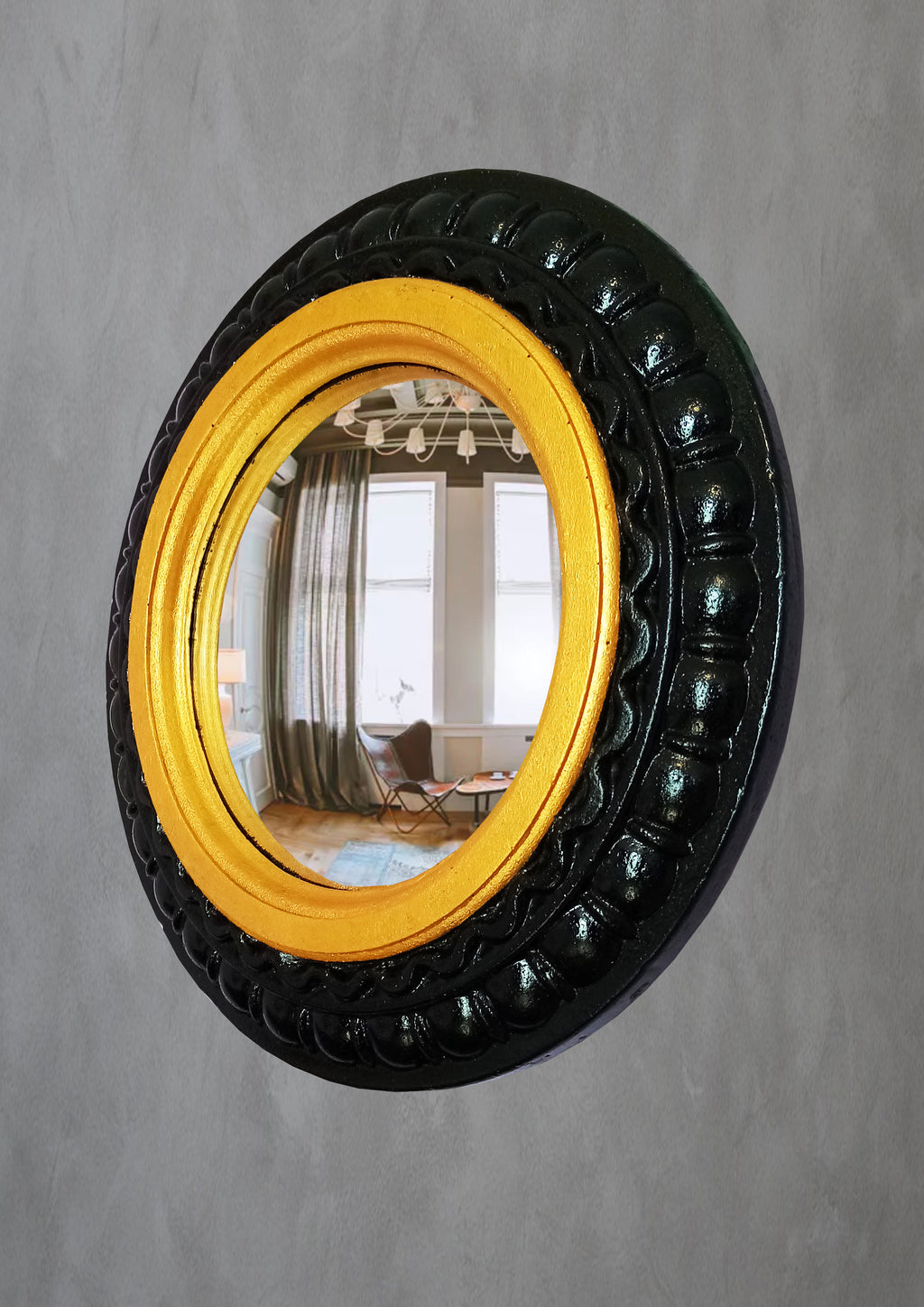 Black & Gold Witch's Eye Convex Mirror — Handcrafted Gothic Wall Decor