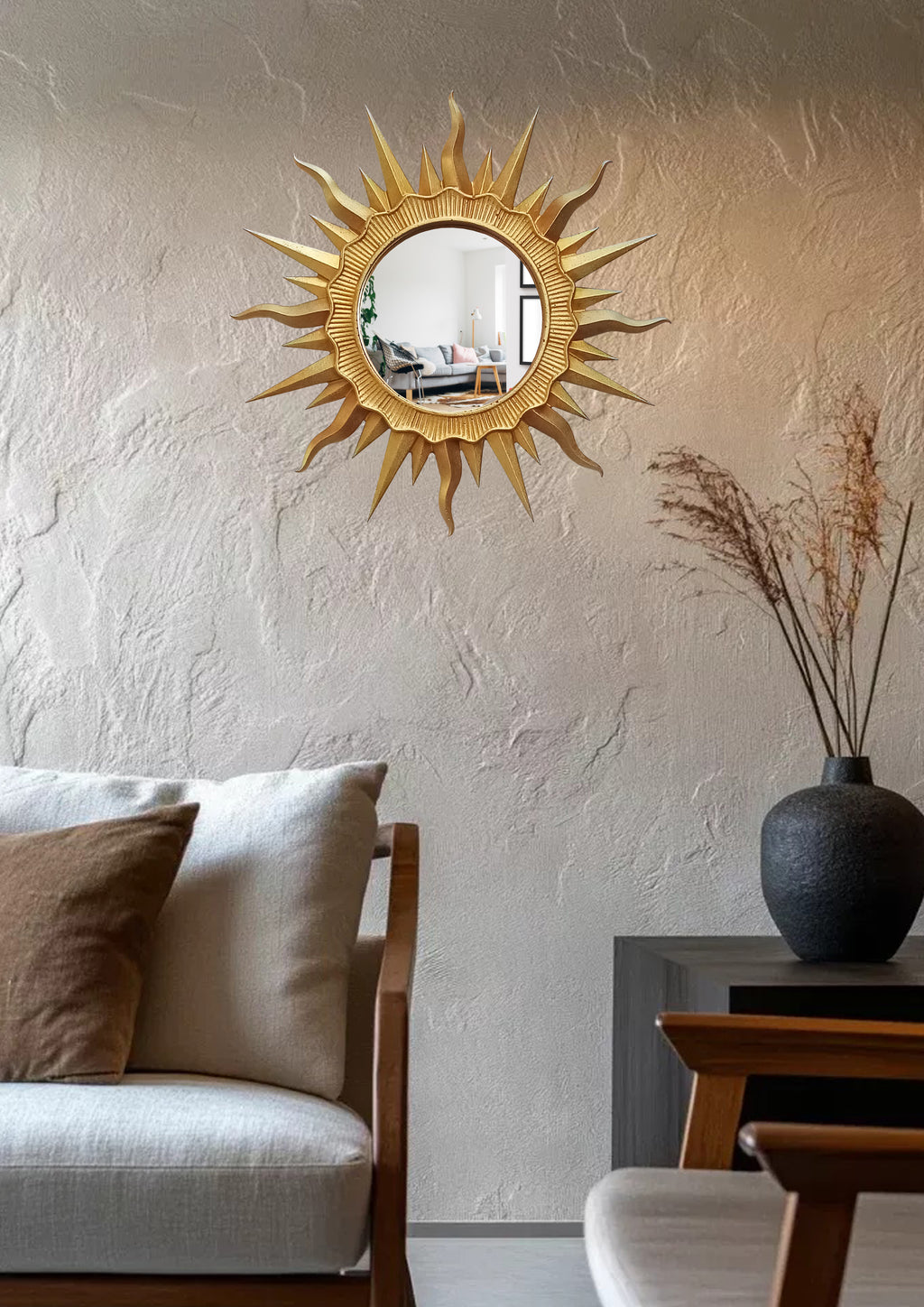 Handmade Gold Sunburst Mirror — Gold Patina Wall Decor 24.5 cm