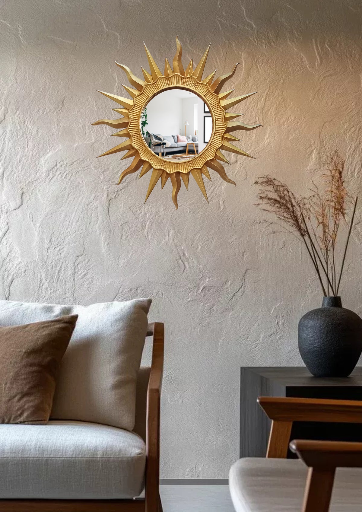 Handmade Gold Sunburst Mirror — Gold Patina Wall Decor 24.5 cm