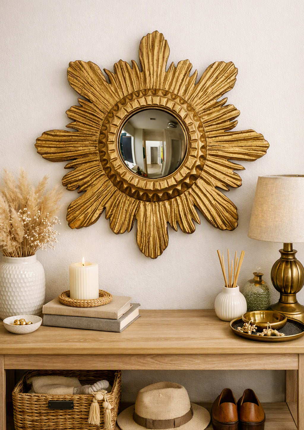 Antique Gold Sunburst Witch's Eye Mirror — Handcrafted Mystical Wall Decor