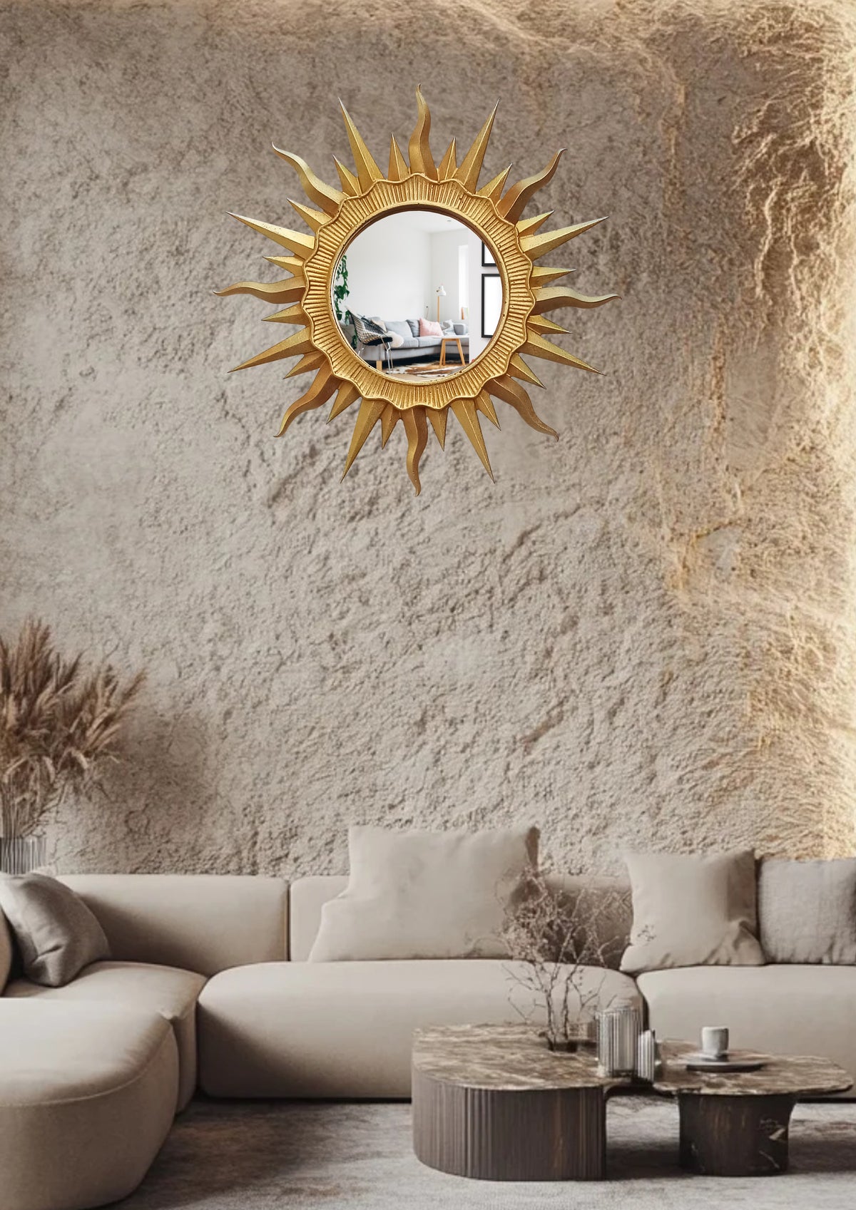 Handmade Gold Sunburst Mirror — Gold Patina Wall Decor 24.5 cm