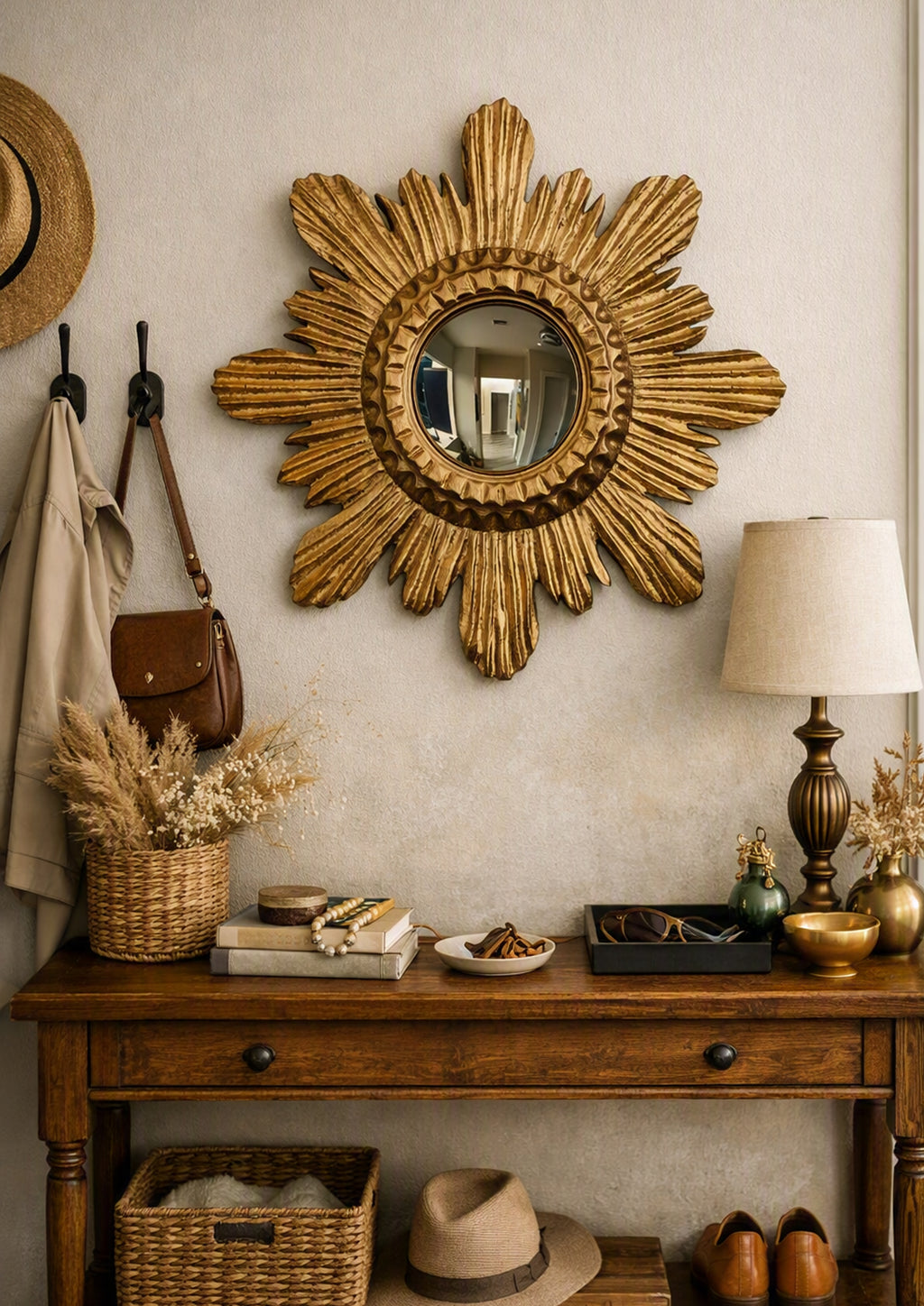 Antique Gold Sunburst Witch's Eye Mirror — Handcrafted Mystical Wall Decor