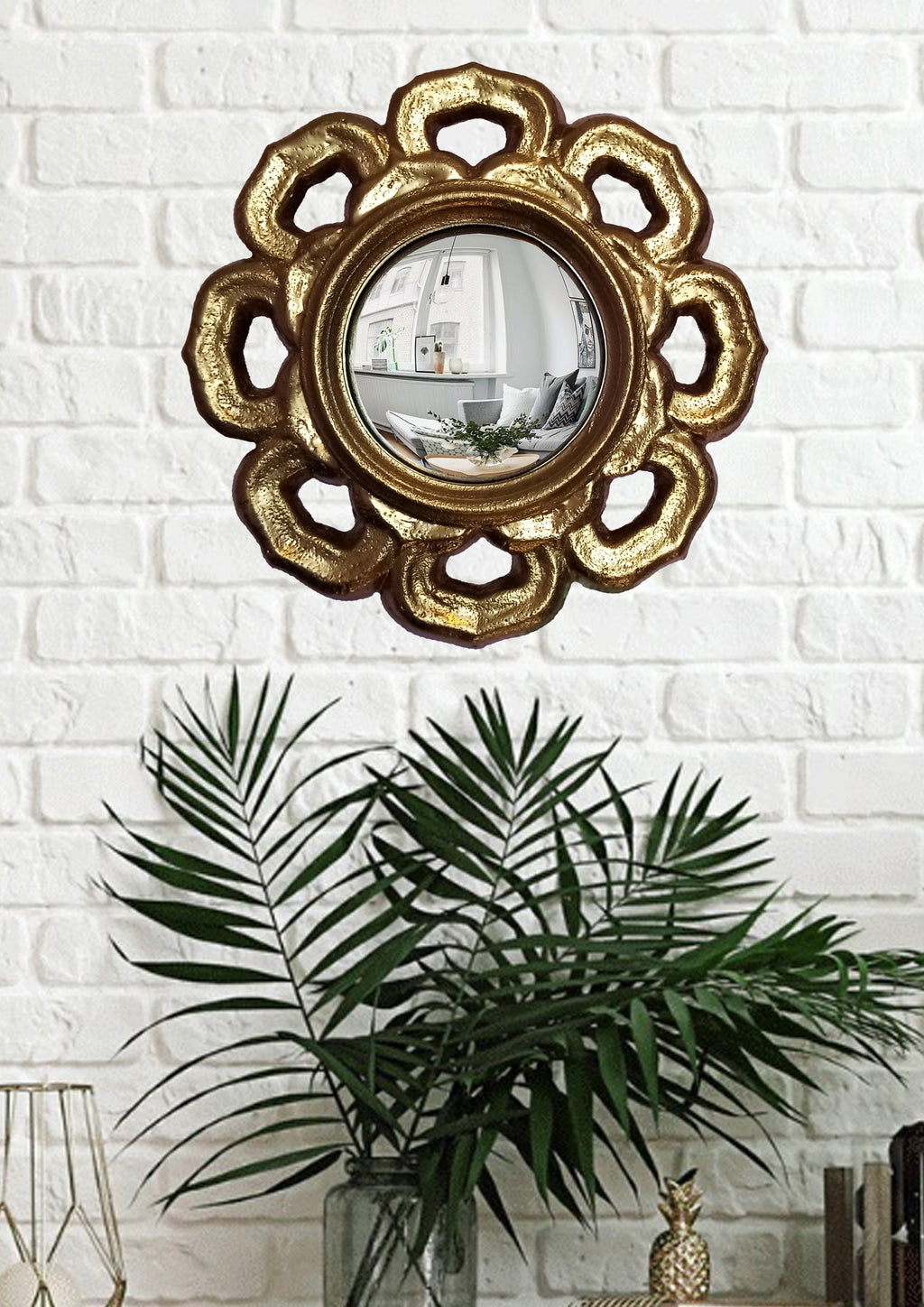 Golden Flower Witch's Eye Mirror — Handcrafted Mystical Wall Decor
