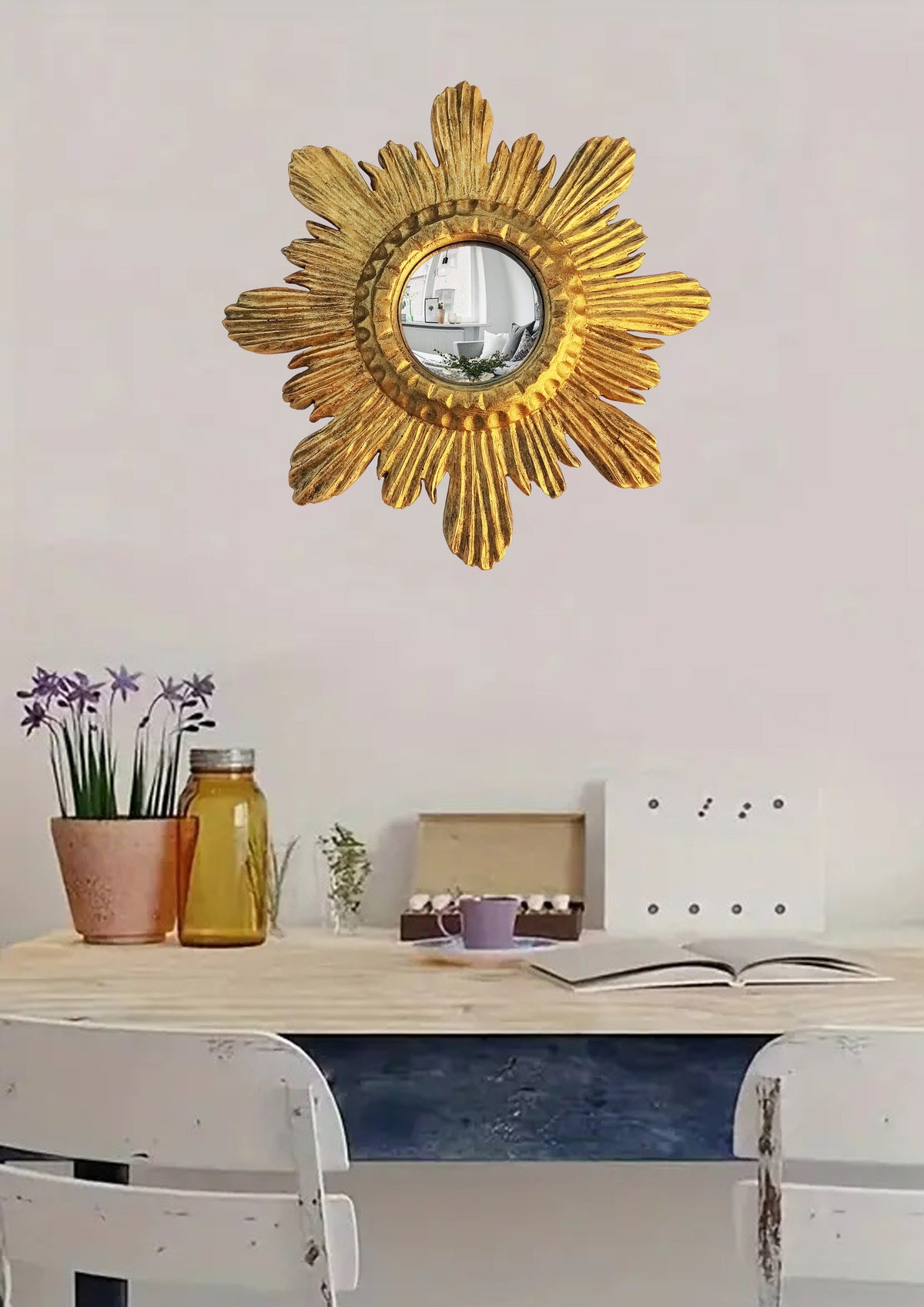 Golden Sunburst Witch's Eye Convex Mirror — Vintage Bronze Handcrafted Wall Decor