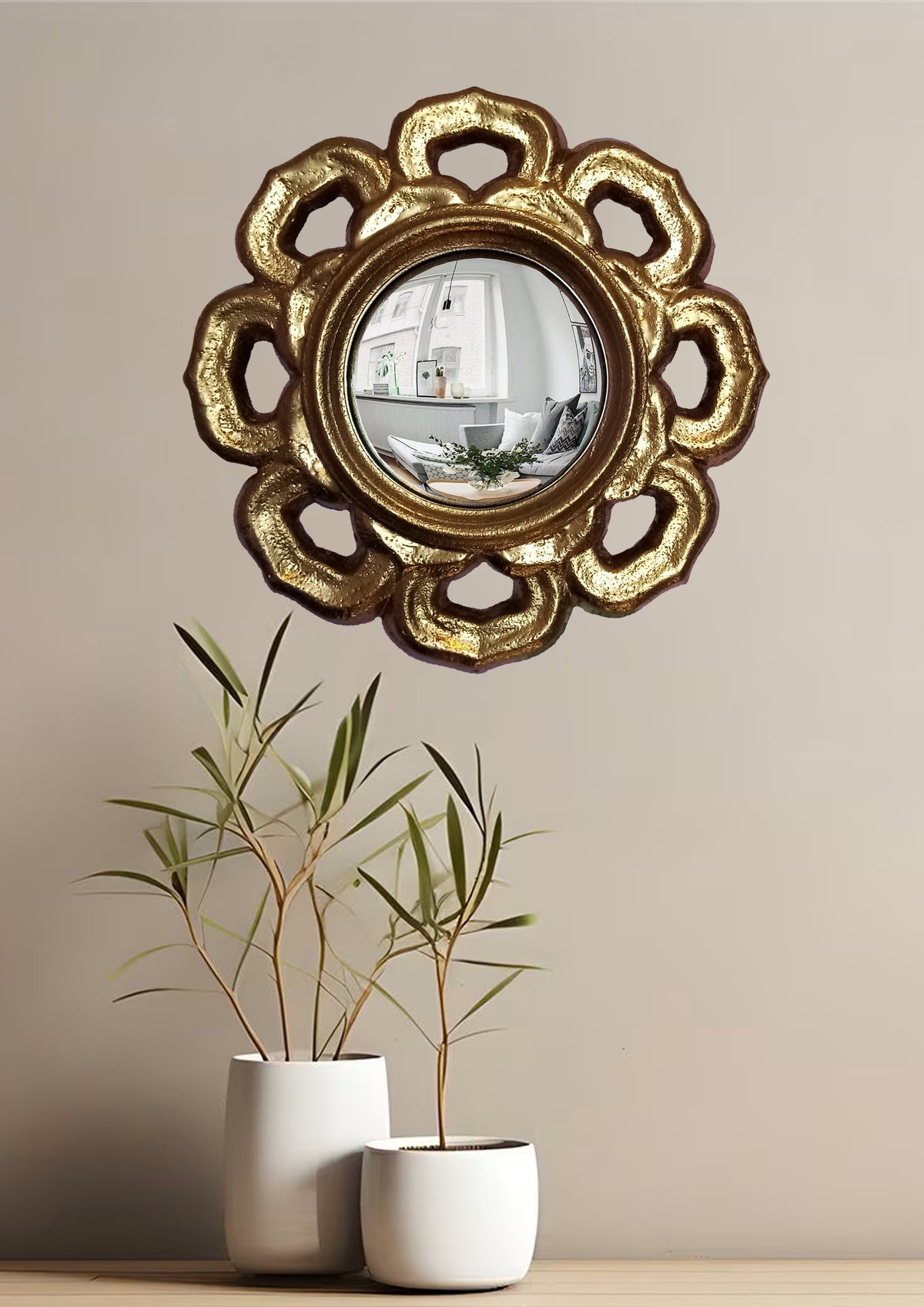 Golden Flower Witch's Eye Mirror — Handcrafted Mystical Wall Decor