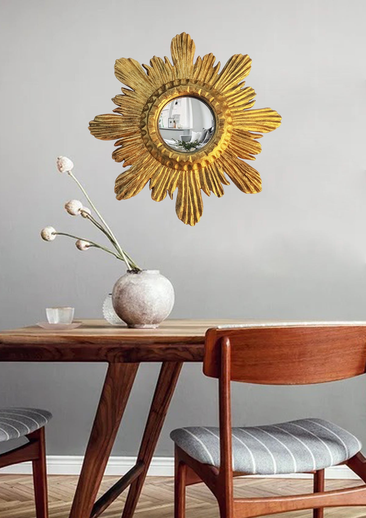 Golden Sunburst Witch's Eye Convex Mirror — Vintage Bronze Handcrafted Wall Decor