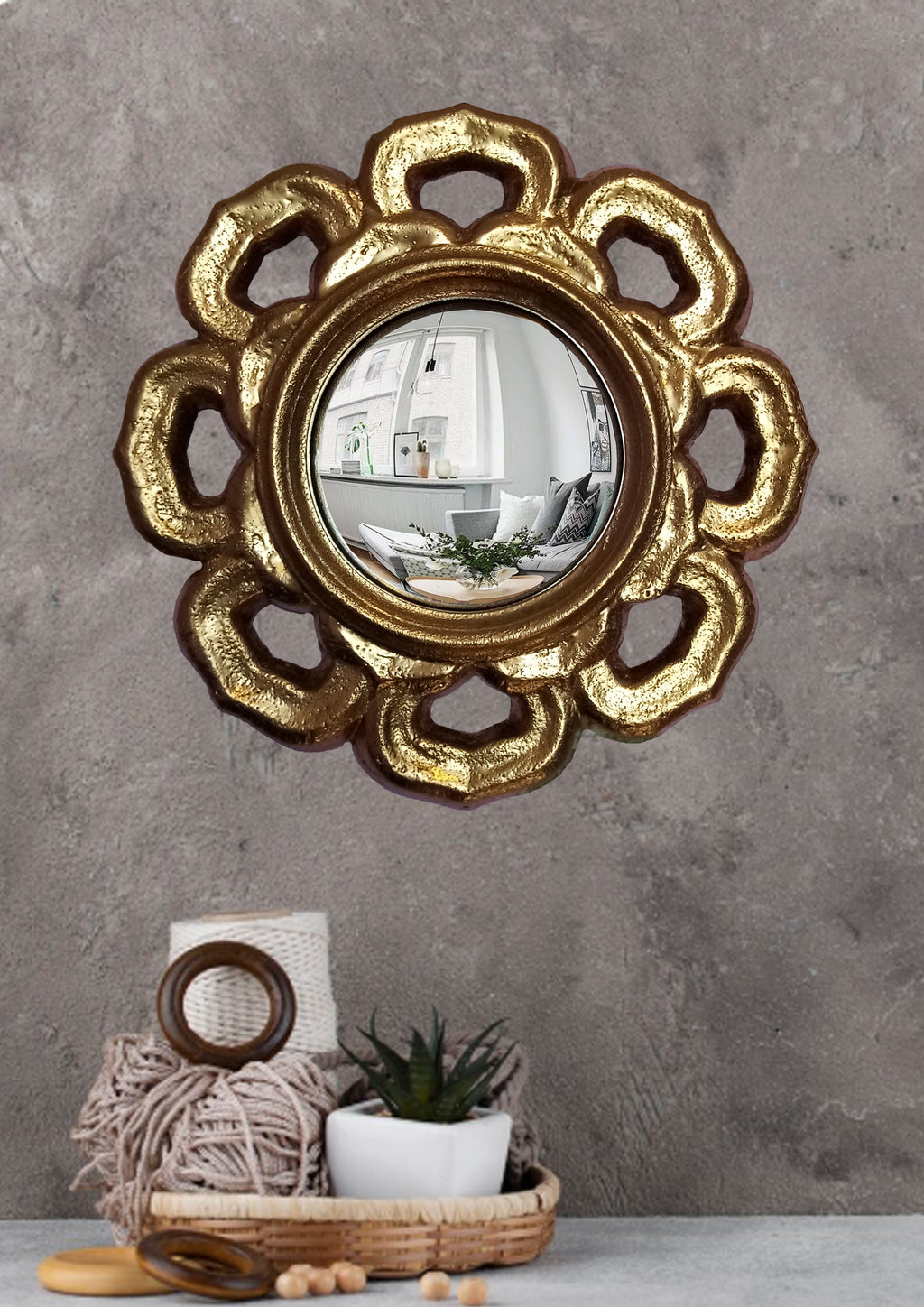 Golden Flower Witch's Eye Mirror — Handcrafted Mystical Wall Decor