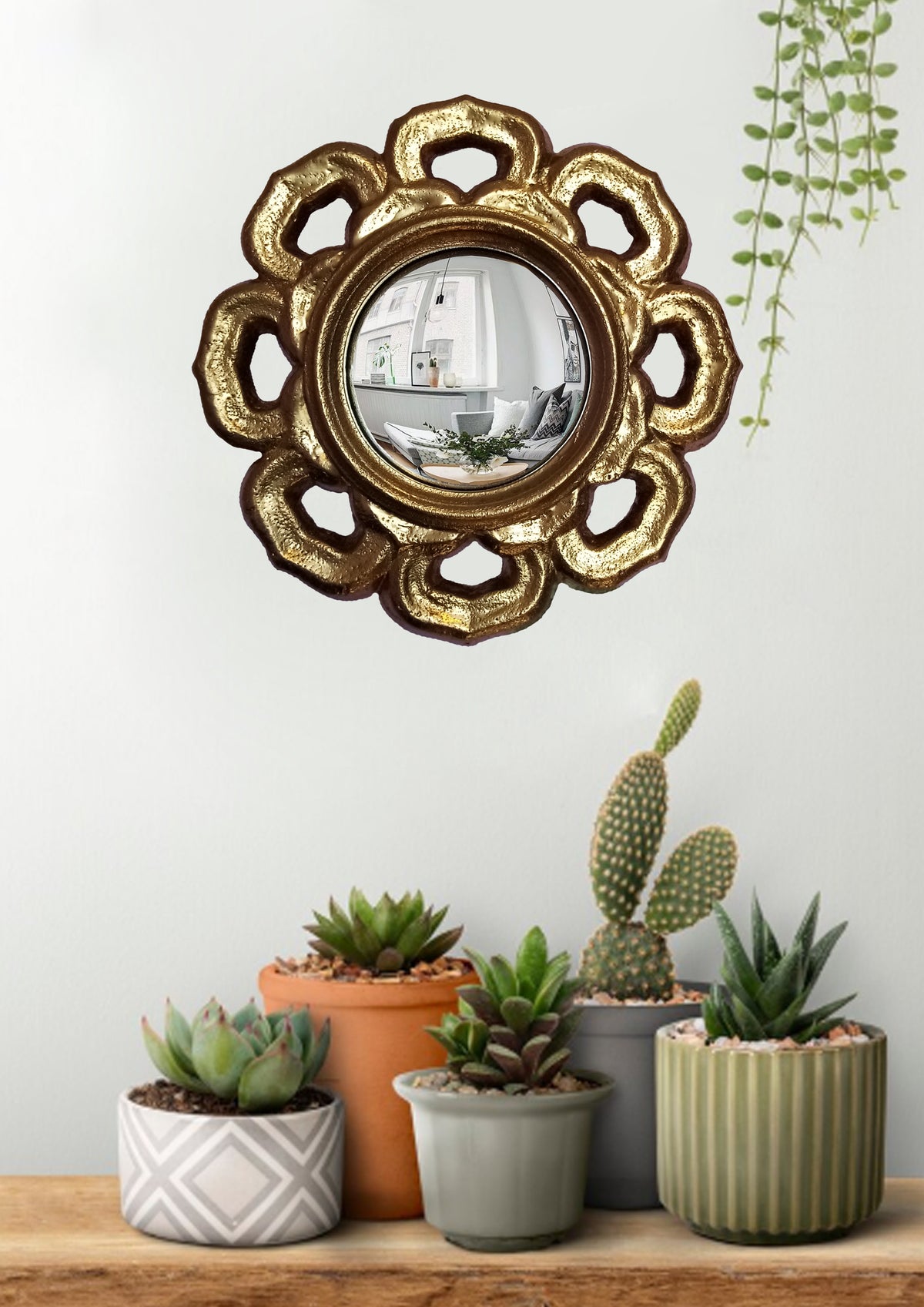 Golden Flower Witch's Eye Mirror — Handcrafted Mystical Wall Decor