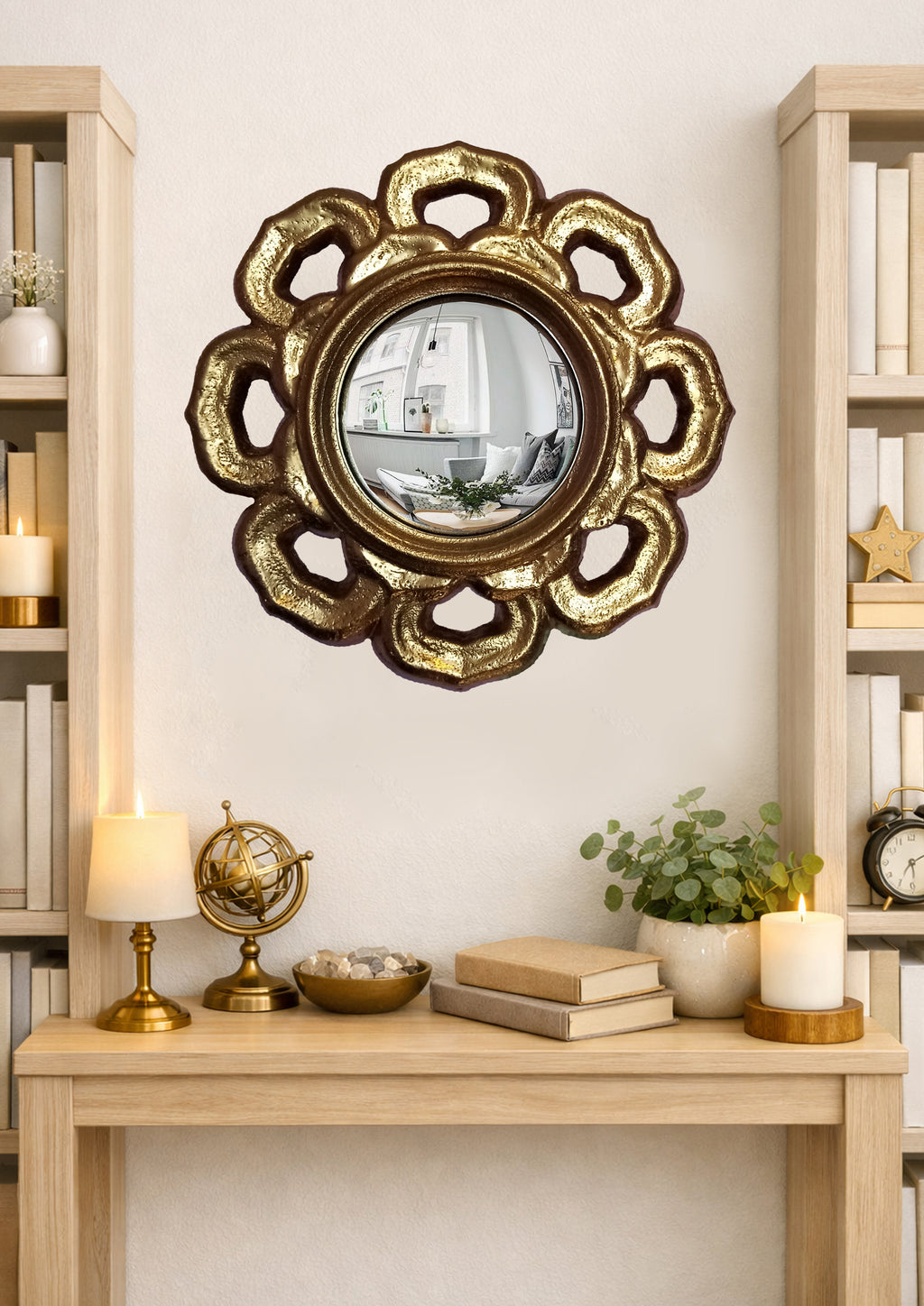Golden Flower Witch's Eye Mirror — Handcrafted Mystical Wall Decor