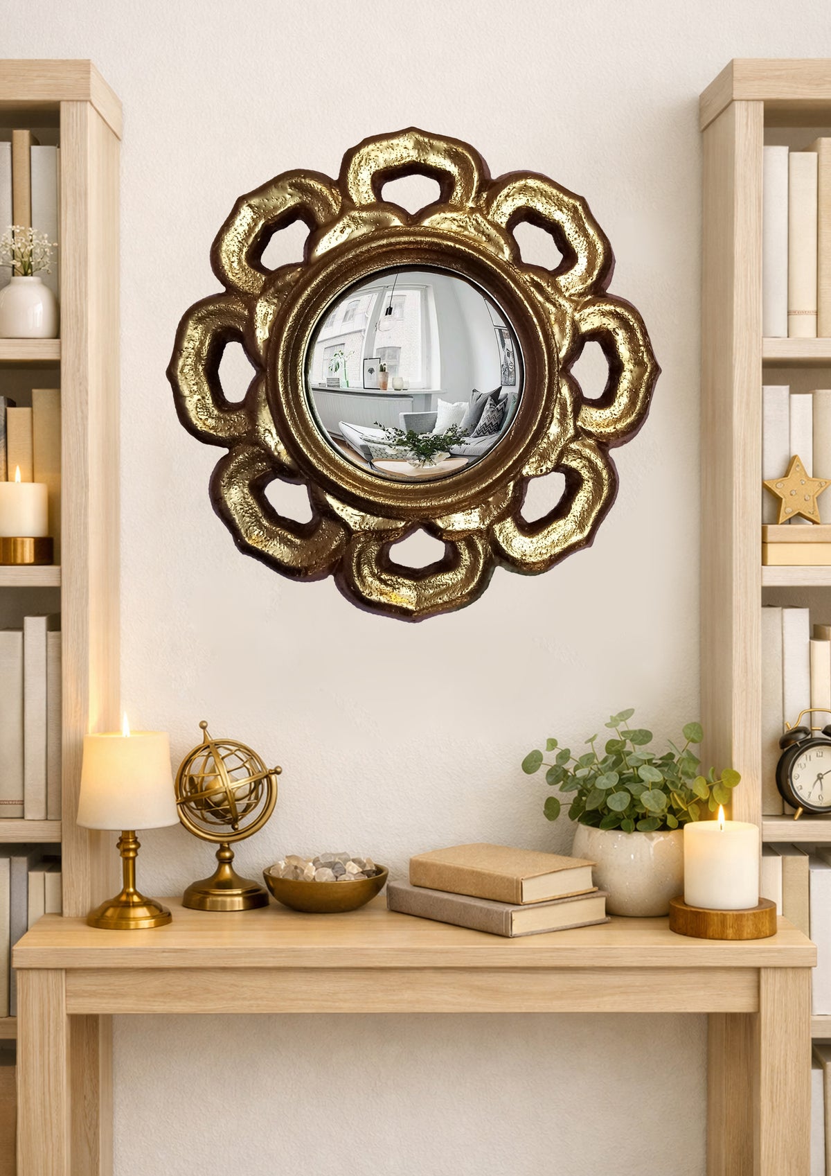 Golden Flower Witch's Eye Mirror — Handcrafted Mystical Wall Decor