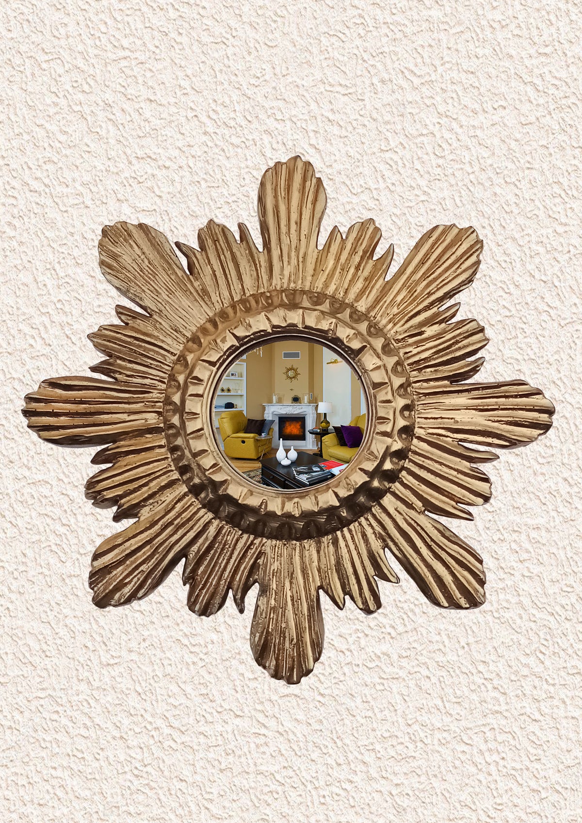Antique Gold Sunburst Witch's Eye Mirror — Handcrafted Mystical Wall Decor