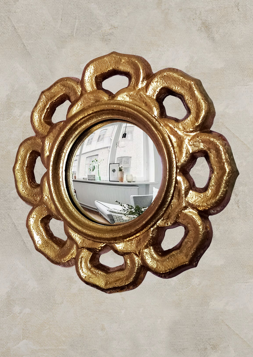 Golden Flower Witch's Eye Mirror — Handcrafted Mystical Wall Decor