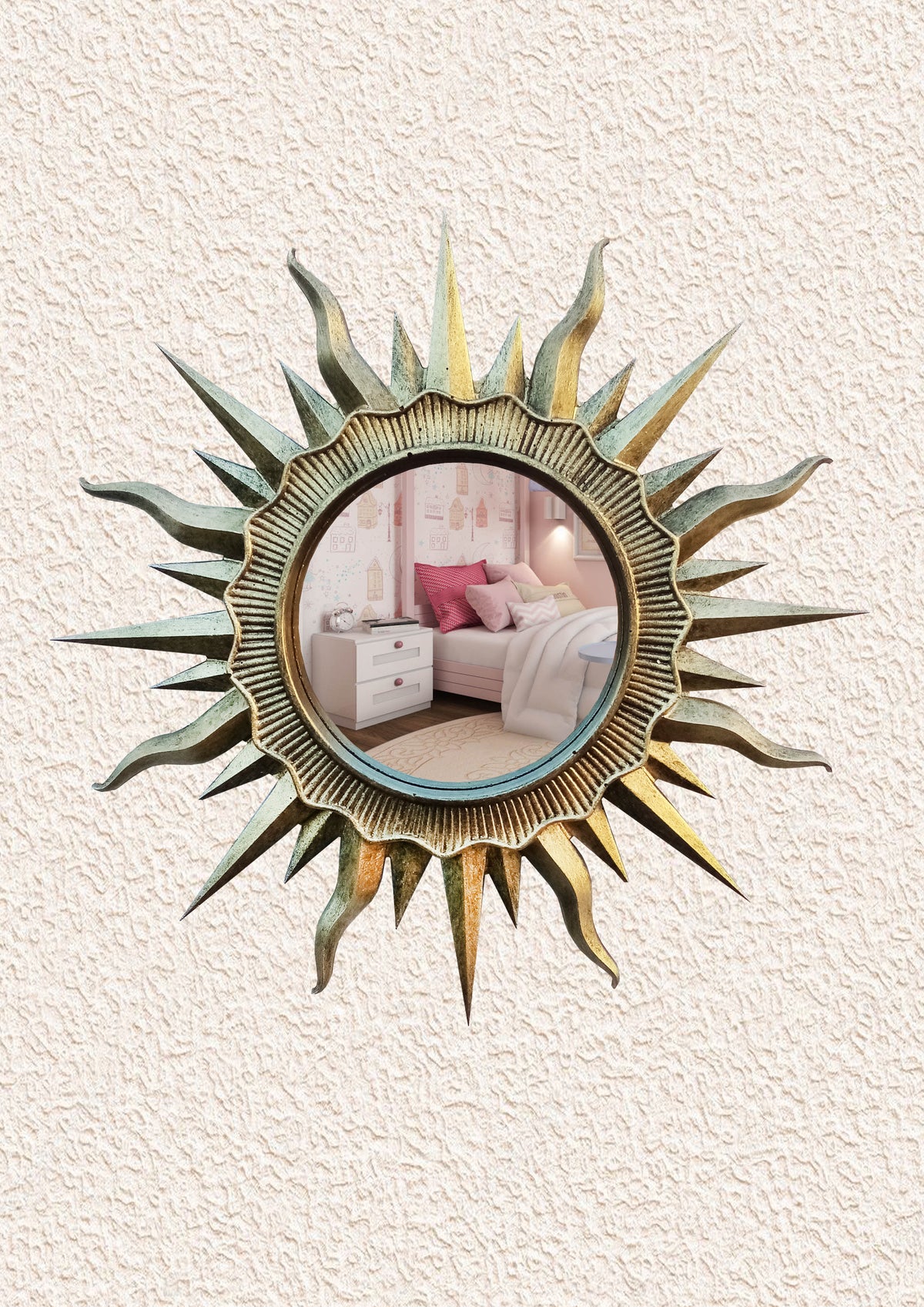 Handmade Brass Patina Sunburst Mirror — Vintage Wall Decor 24.5 cm