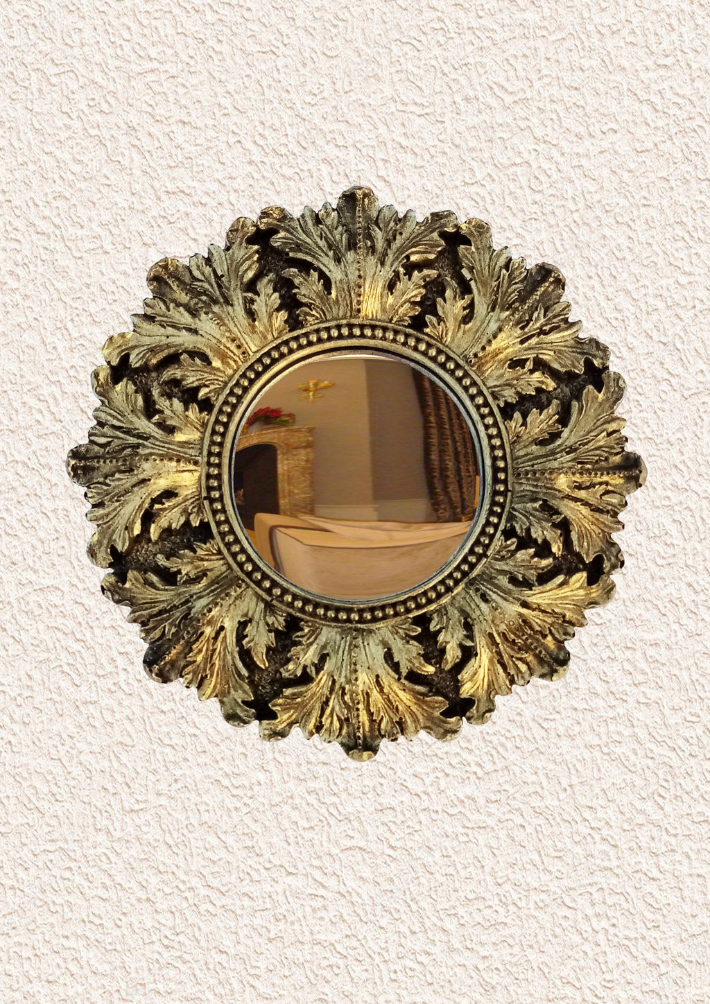 Black and Gold Acanthus Witch's Eye Convex Mirror – handcrafted mystical wall decor with aged bronze acanthus frame