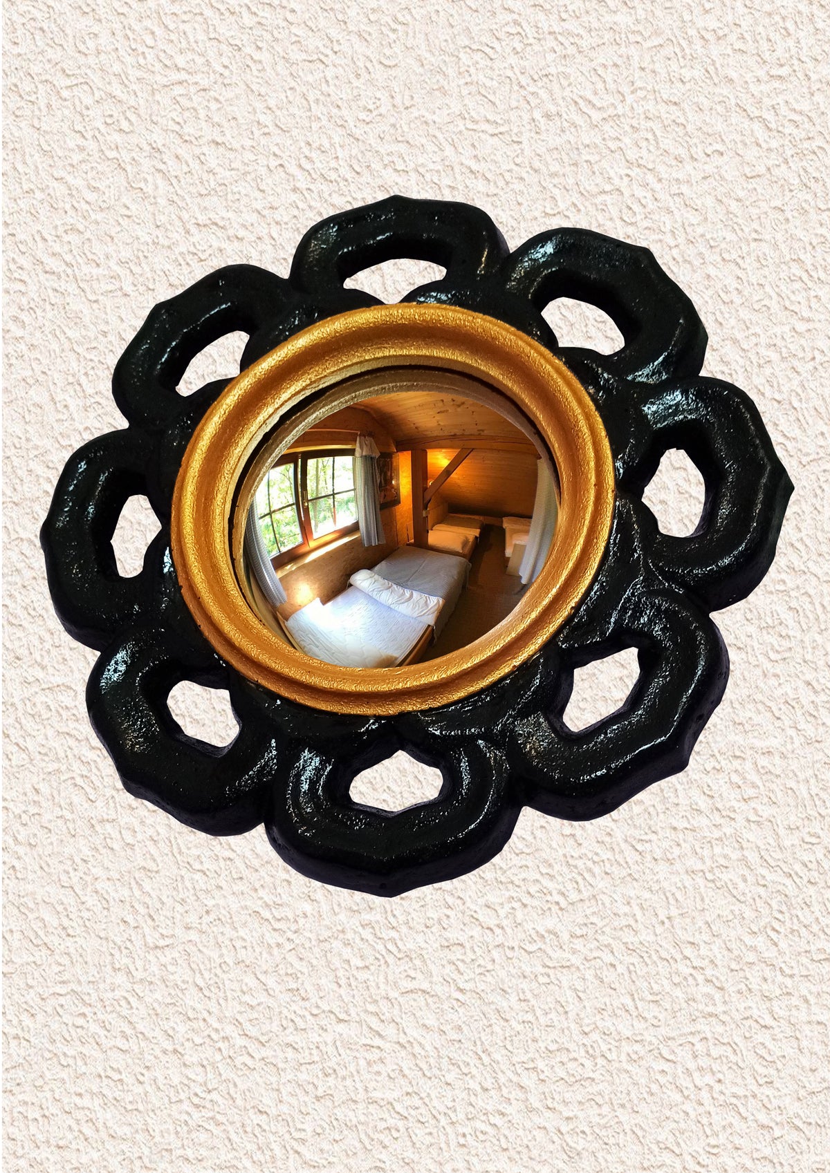 Black & Gold Witch Eye Mirror — Handcrafted Gothic Flower Wall Decor