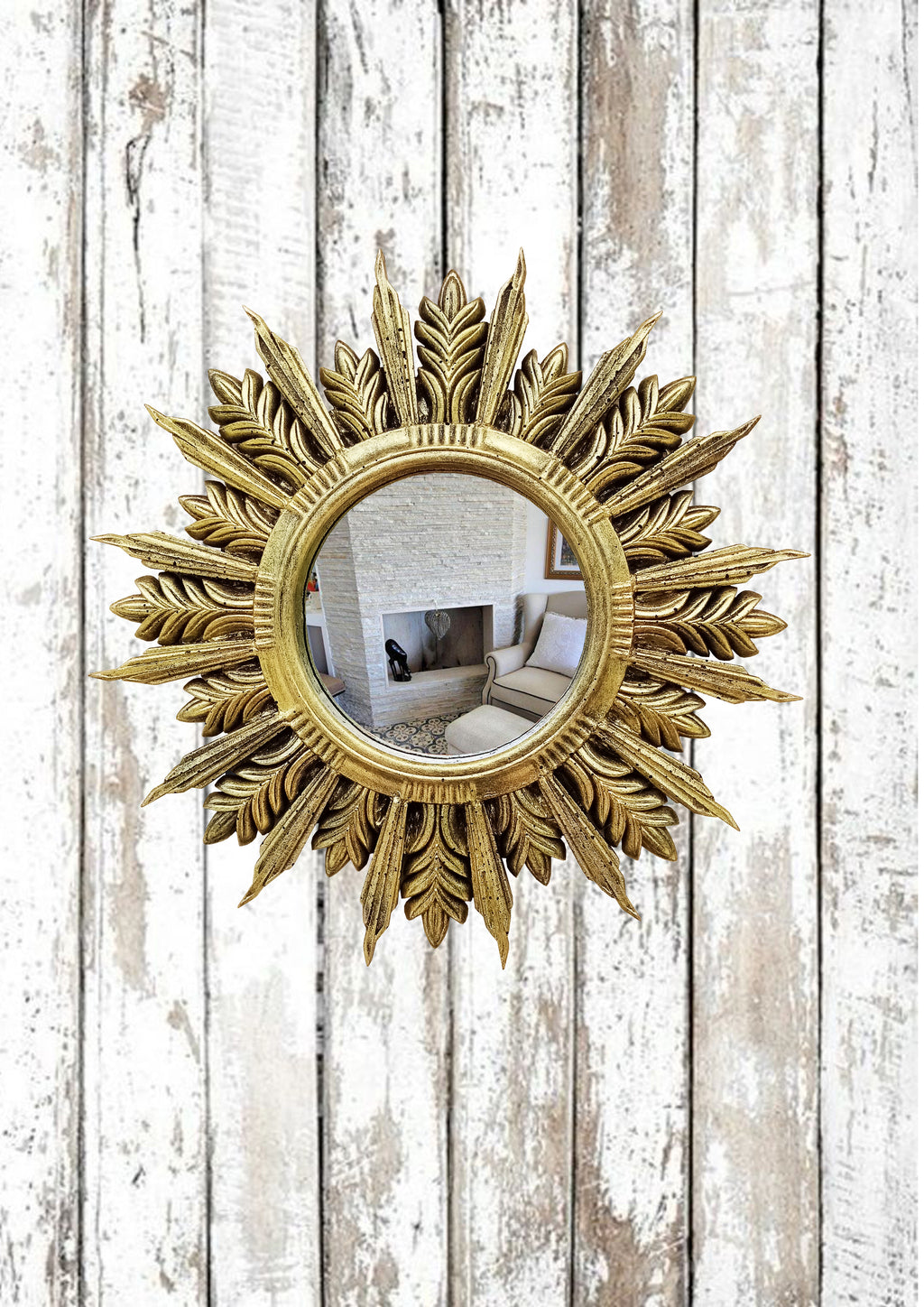 Handmade Sunburst Mirror — Brass Patina, 27×27 cm