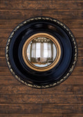 Black and Gold Regency Witch Eye Convex Mirror – handcrafted gothic wall decor with deep black frame and gold accents