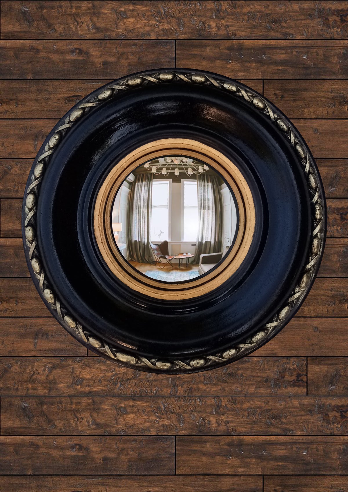 Black and Gold Regency Witch Eye Convex Mirror – handcrafted gothic wall decor with deep black frame and gold accents