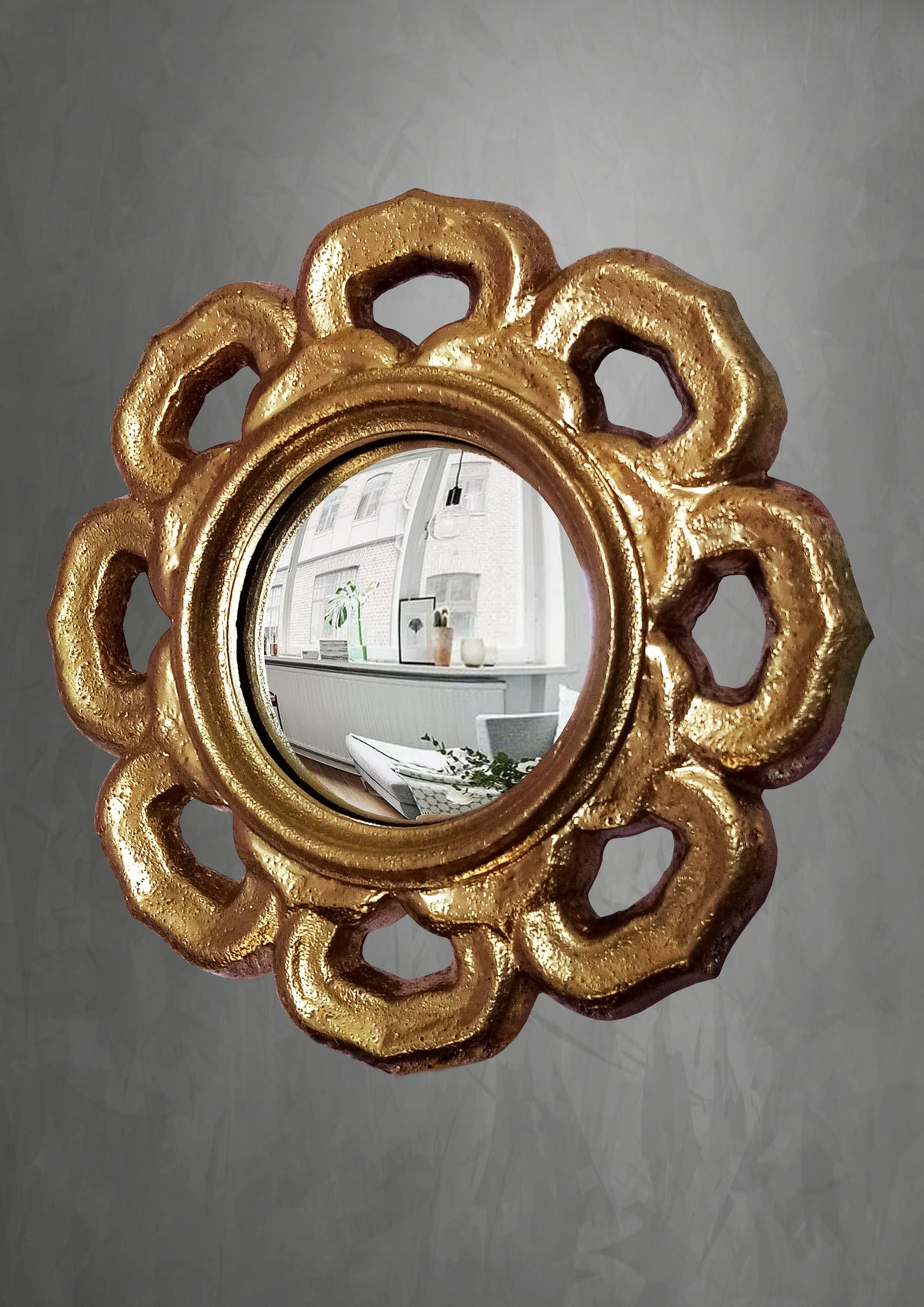 Golden Flower Witch's Eye Mirror — Handcrafted Mystical Wall Decor