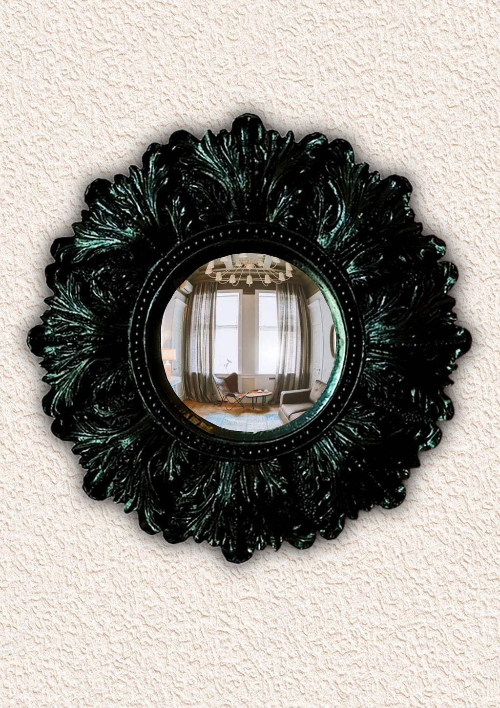 Black Witch's Eye Convex Mirror – handmade gothic dark resin wall decor with leaf pattern frame