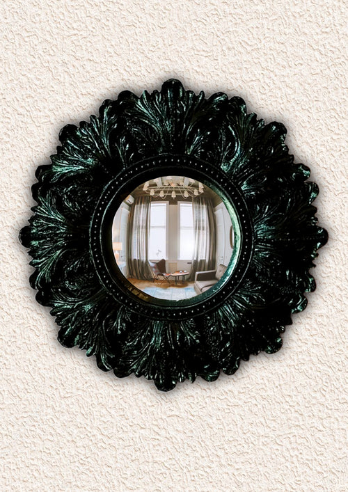 Black Witch's Eye Convex Mirror – handmade gothic dark resin wall decor with leaf pattern frame