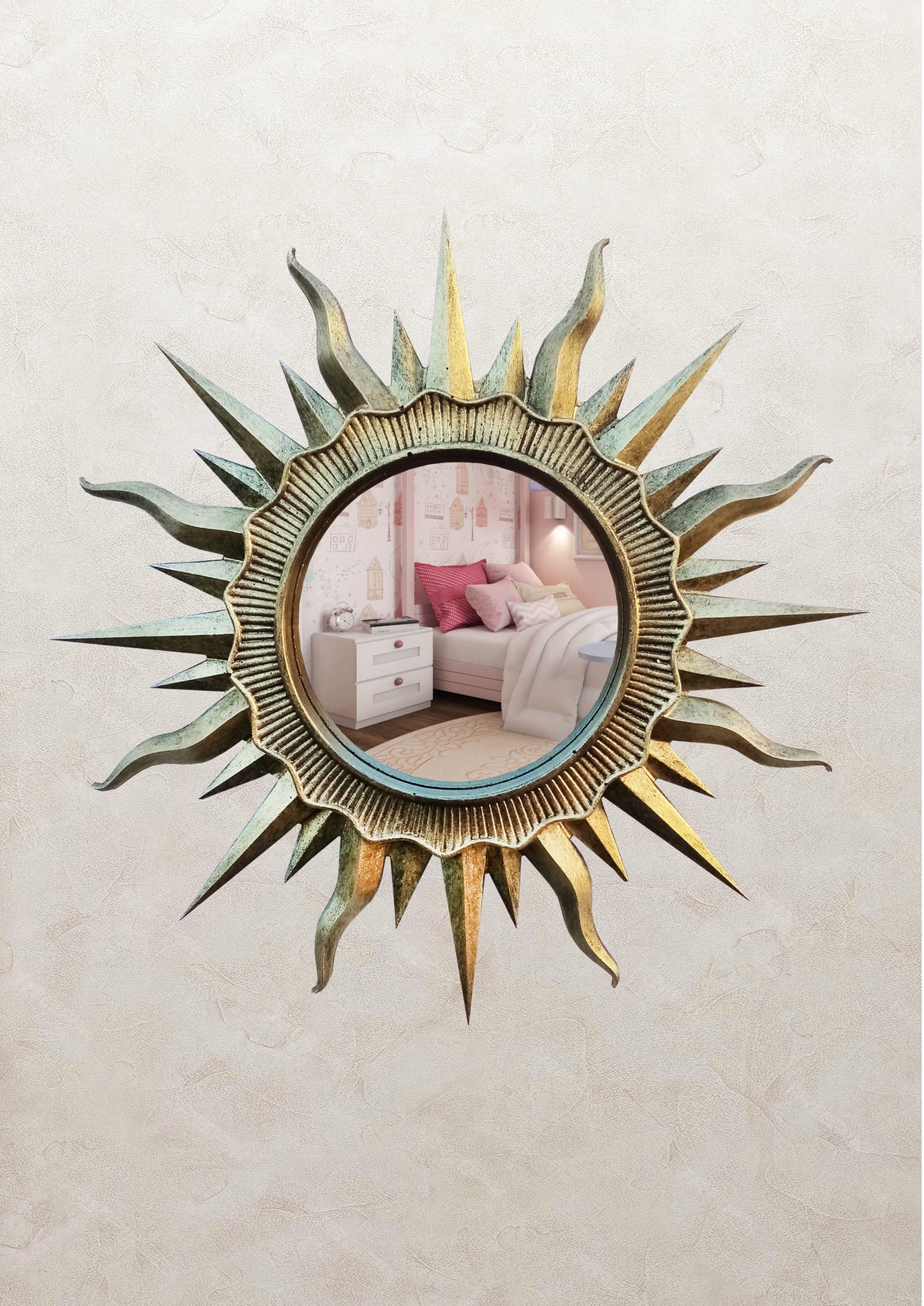 Handmade Brass Patina Sunburst Mirror — Vintage Wall Decor 24.5 cm
