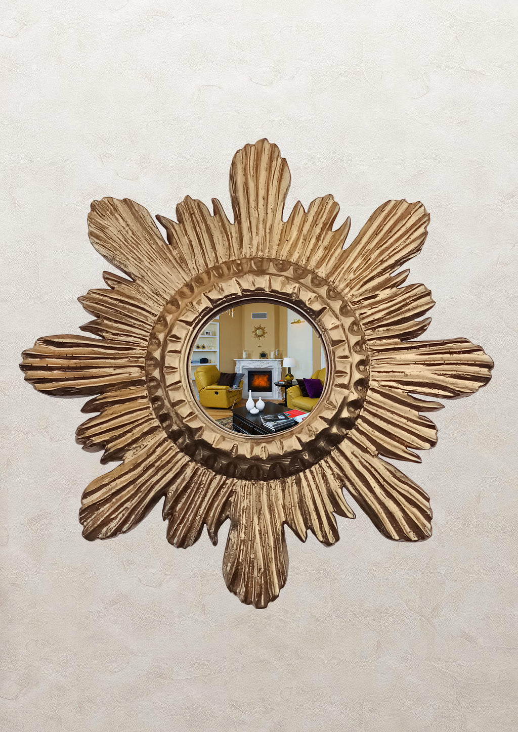 Antique Gold Sunburst Witch's Eye Mirror — Handcrafted Mystical Wall Decor