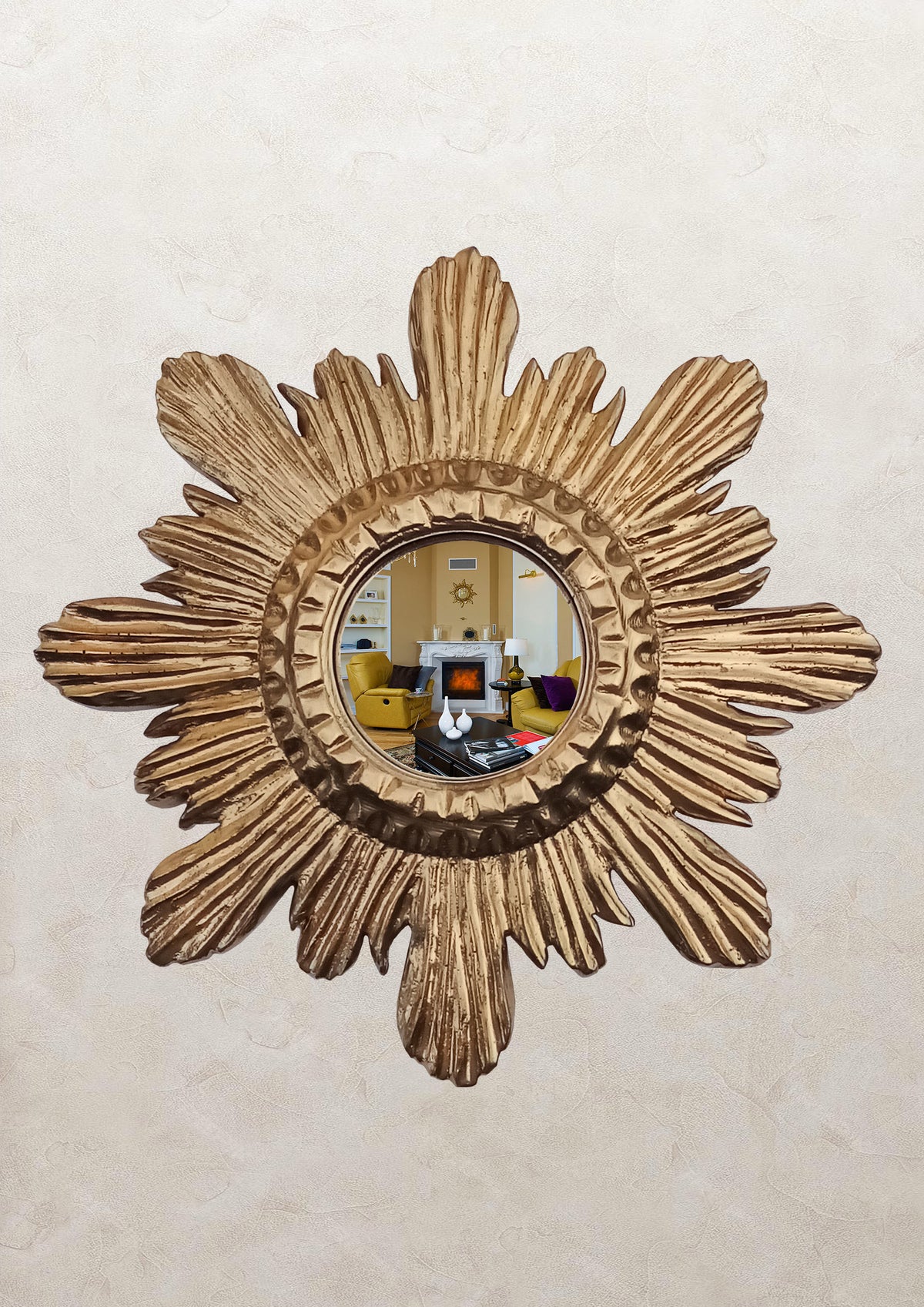 Antique Gold Sunburst Witch's Eye Mirror — Handcrafted Mystical Wall Decor