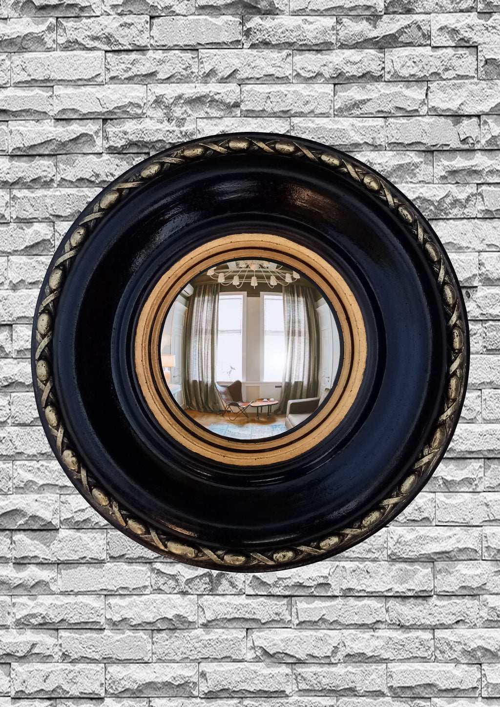Black & Gold Regency Witch Eye Convex Mirror — Handcrafted Gothic Wall Decor