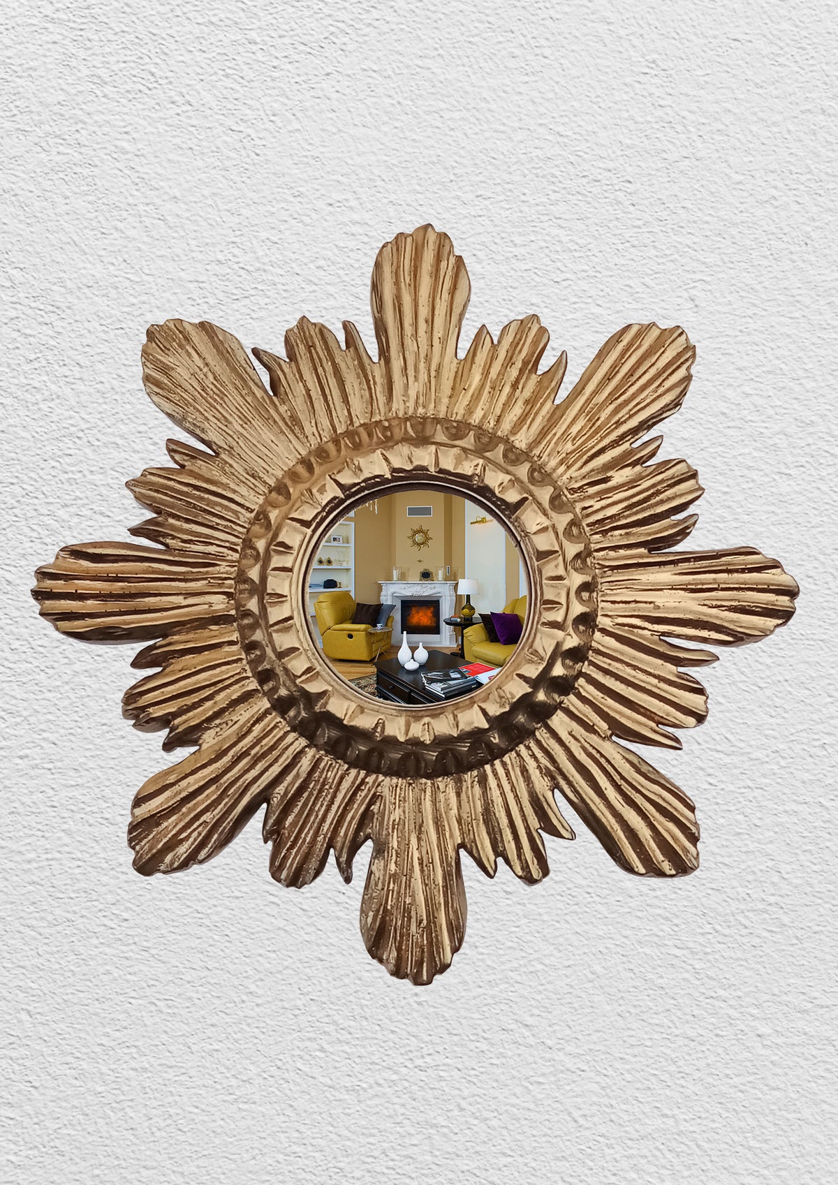 Antique Gold Sunburst Witch's Eye Mirror – handcrafted mystical wall decor with radiant sunburst frame