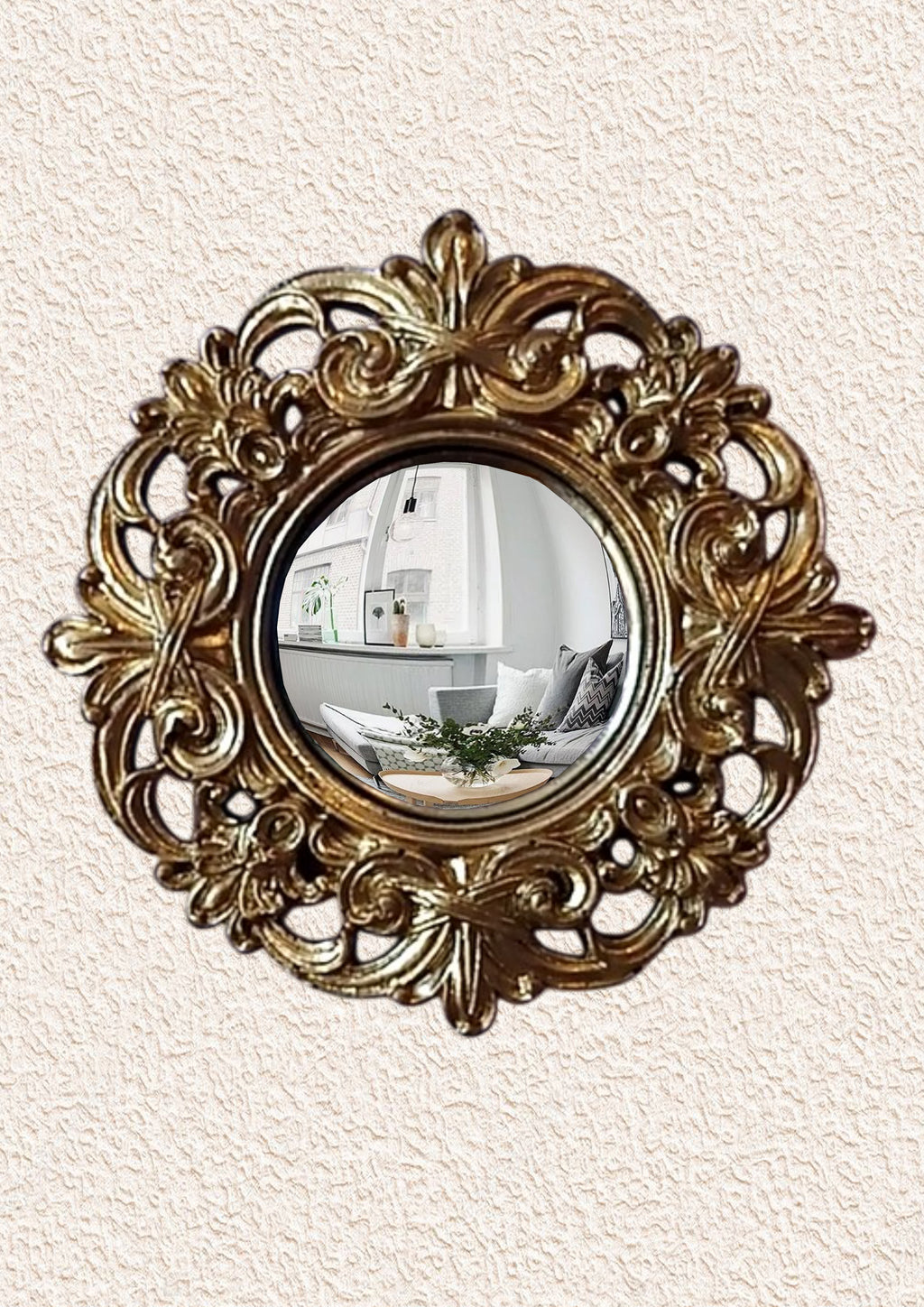 Golden Baroque Witch's Eye Convex Mirror — Handcrafted Antique Wall Decor