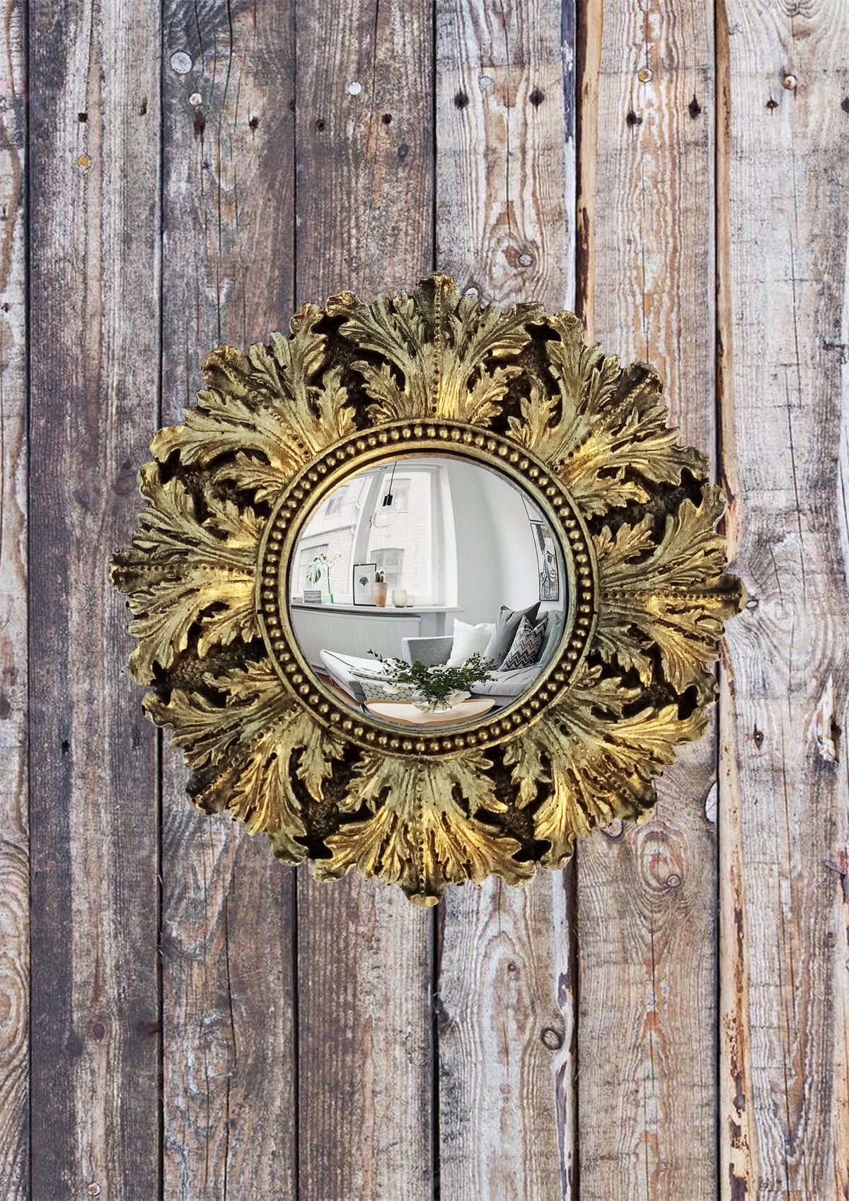 Black & Gold Acanthus Witch's Eye Convex Mirror — Handcrafted Mystical Wall Decor