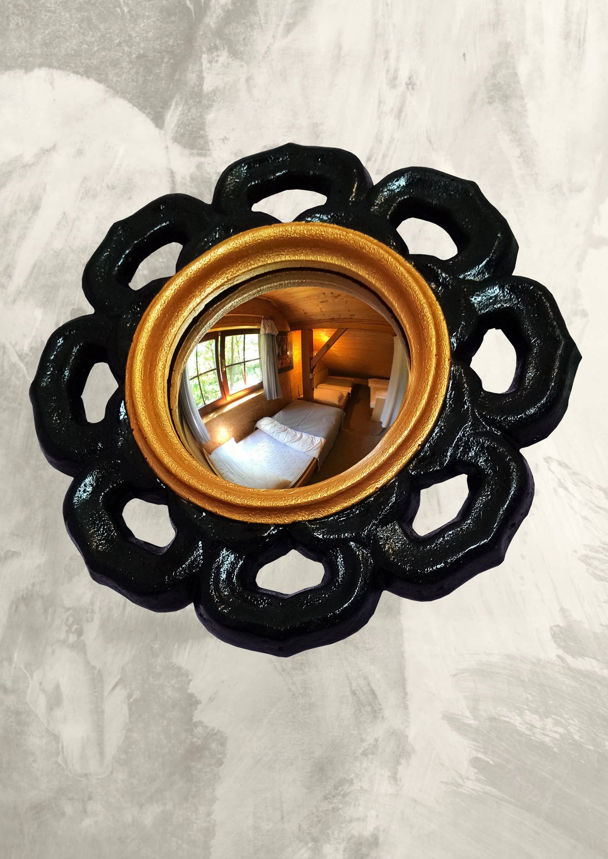 Black & Gold Witch Eye Mirror — Handcrafted Gothic Flower Wall Decor